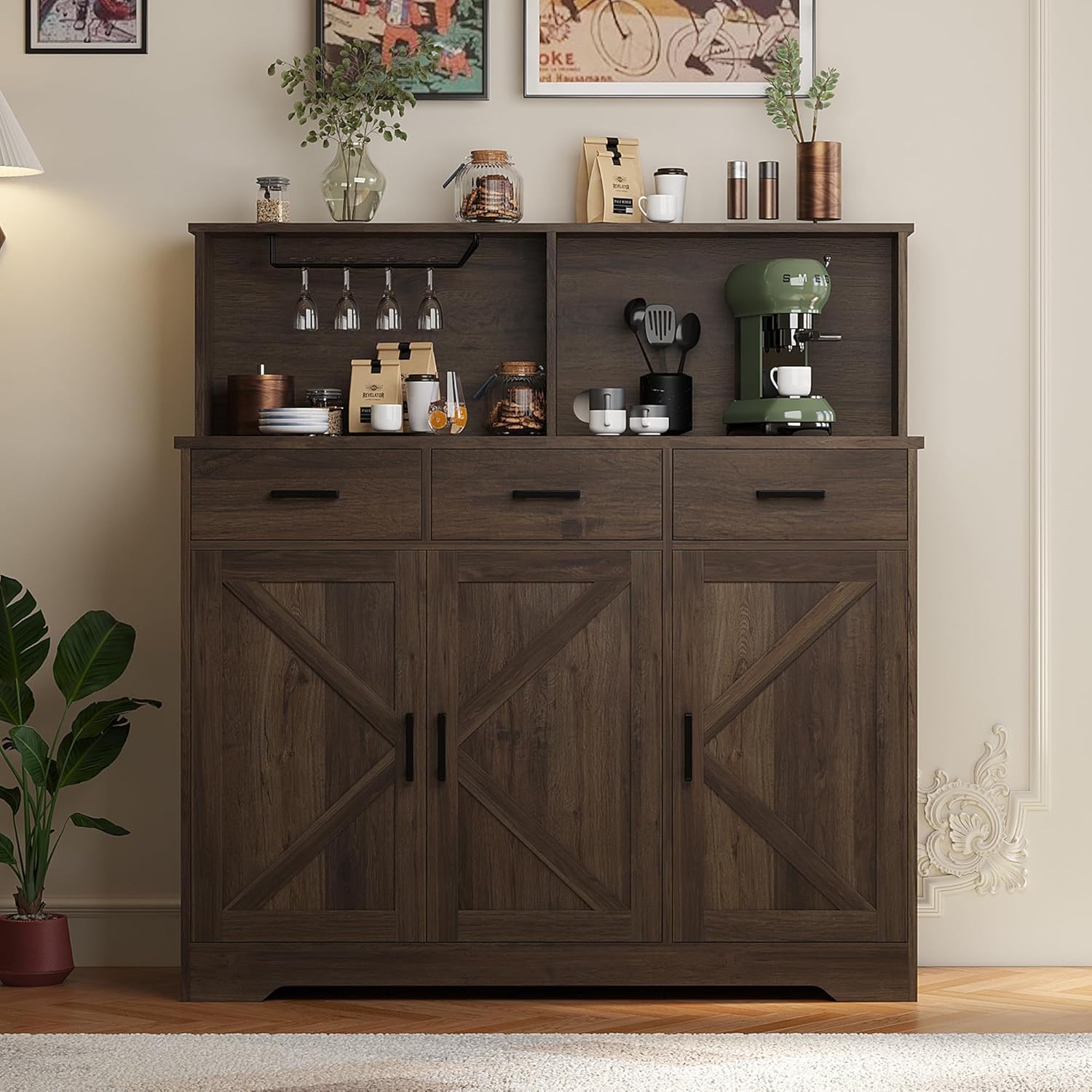 GarveeHome Farmhouse Sideboard Buffet with Microwave Stand, Barn Doors Buffet Storage Cabinet with Drawers and Shelves, Wood Coffee Bar Cabinet for Kitchen, Dining Room, Living Room, Brown
