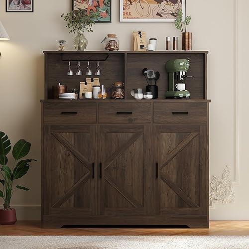 GarveeHome Farmhouse Sideboard Buffet with Microwave Stand, Barn Doors Buffet Storage Cabinet with Drawers and Shelves, Wood Coffee Bar Cabinet for Kitchen, Dining Room, Living Room, Brown