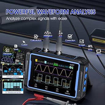 3 in 1 Handheld Oscilloscope/DDS Signal Generator/19999 Counts Multimeter, 2CH Portable Oscilloscope with 4.3 inch Touch Screen, 50Mhz Bandwidth, 250MS/s Sampling Rate, Auto/Nomal/Single Trigger