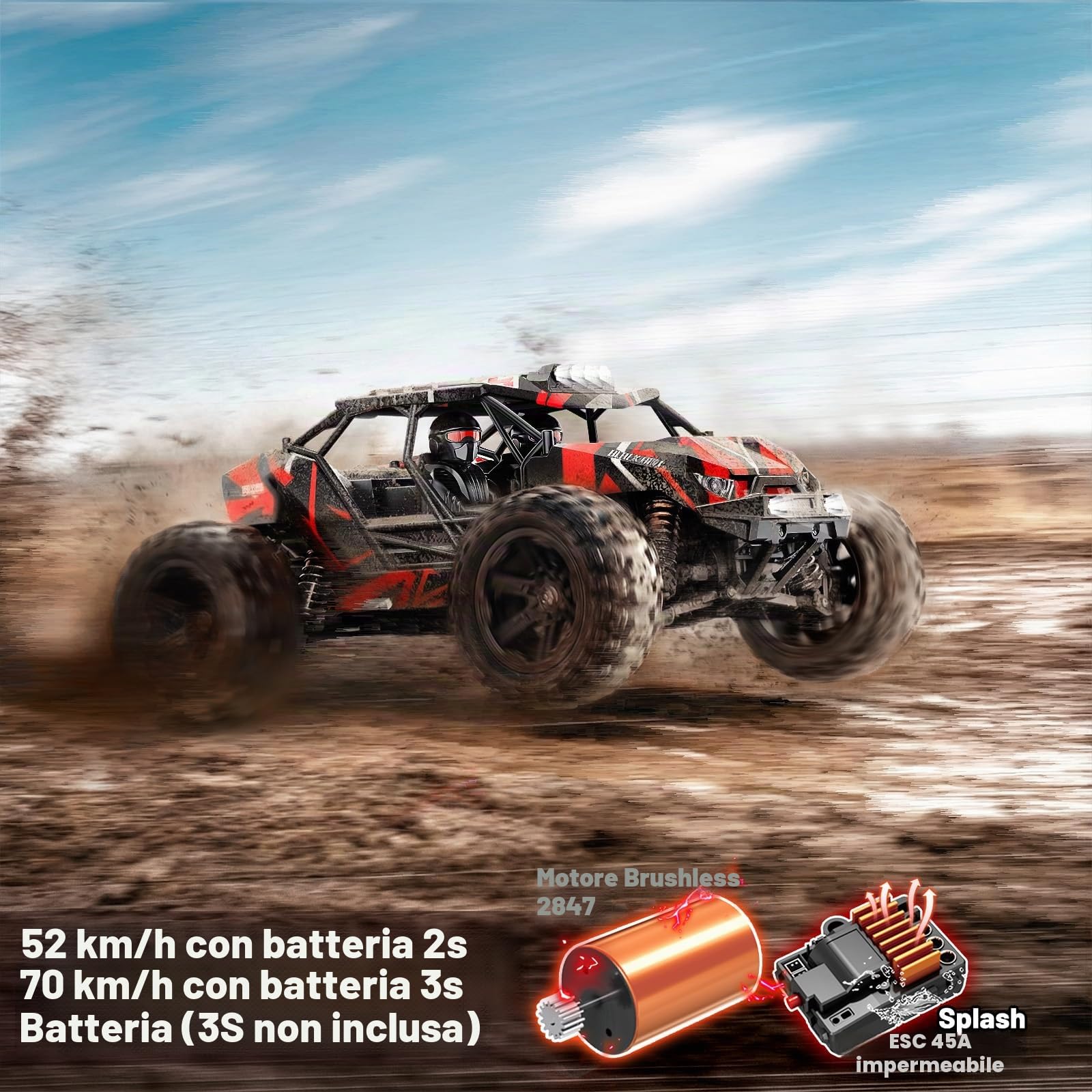 Macchina Telecomandata Professionale Brushless 1:14, RC Car 4WD 68 km/h con Roll Cage e Telaio Rinforzato, 2 Batterie 2S LiPo, Pneumatici Doppi, Macchina Radiocomandata Compatibile con 3S