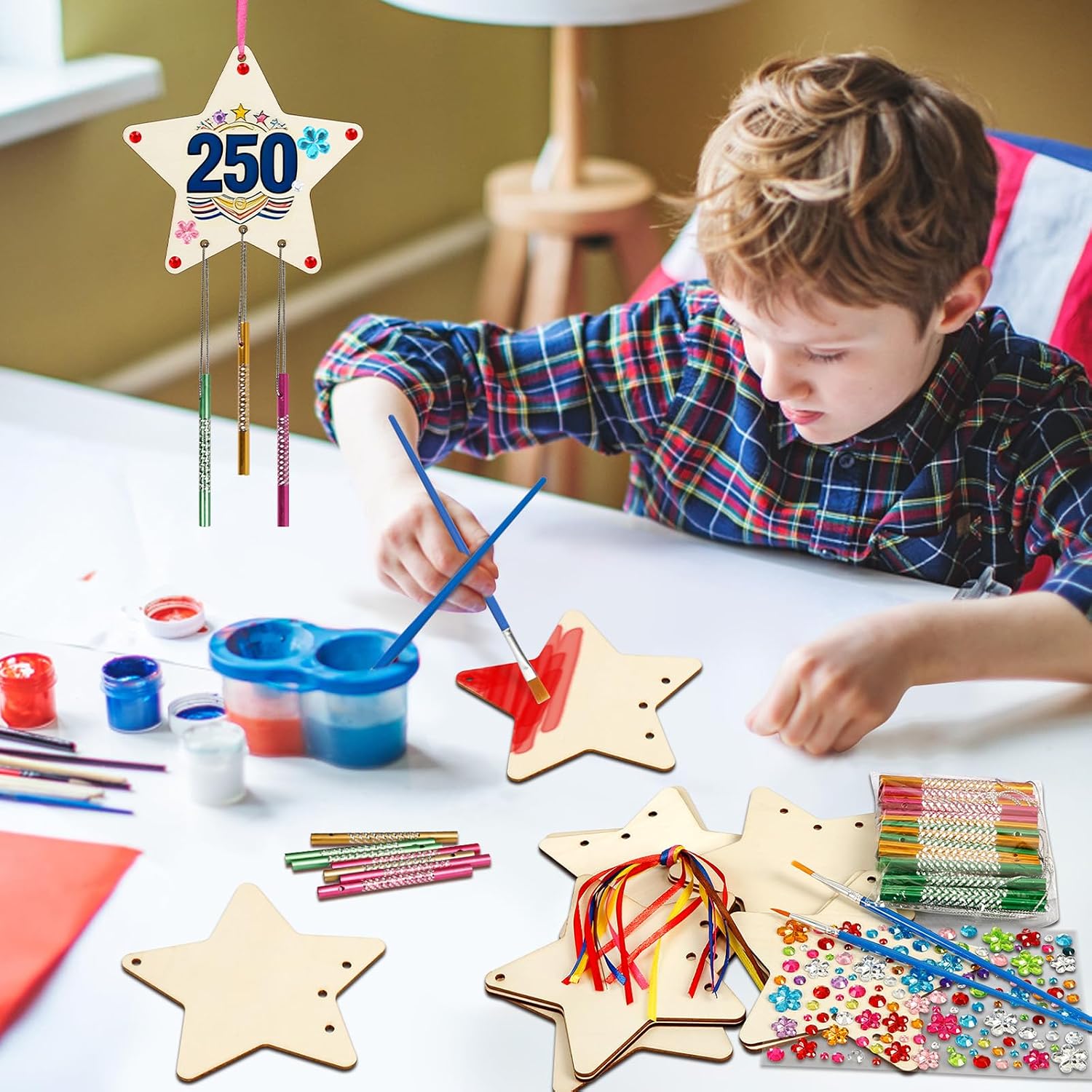 Fennoral 9 Pack 4th of July Wind Chime Kit for Kids Make Your Own Star Wind Chime for Girls Boys DIY Coloring Craft for 250th Anniversary USA Independence Day Ornaments 4th of July Party Art Activity