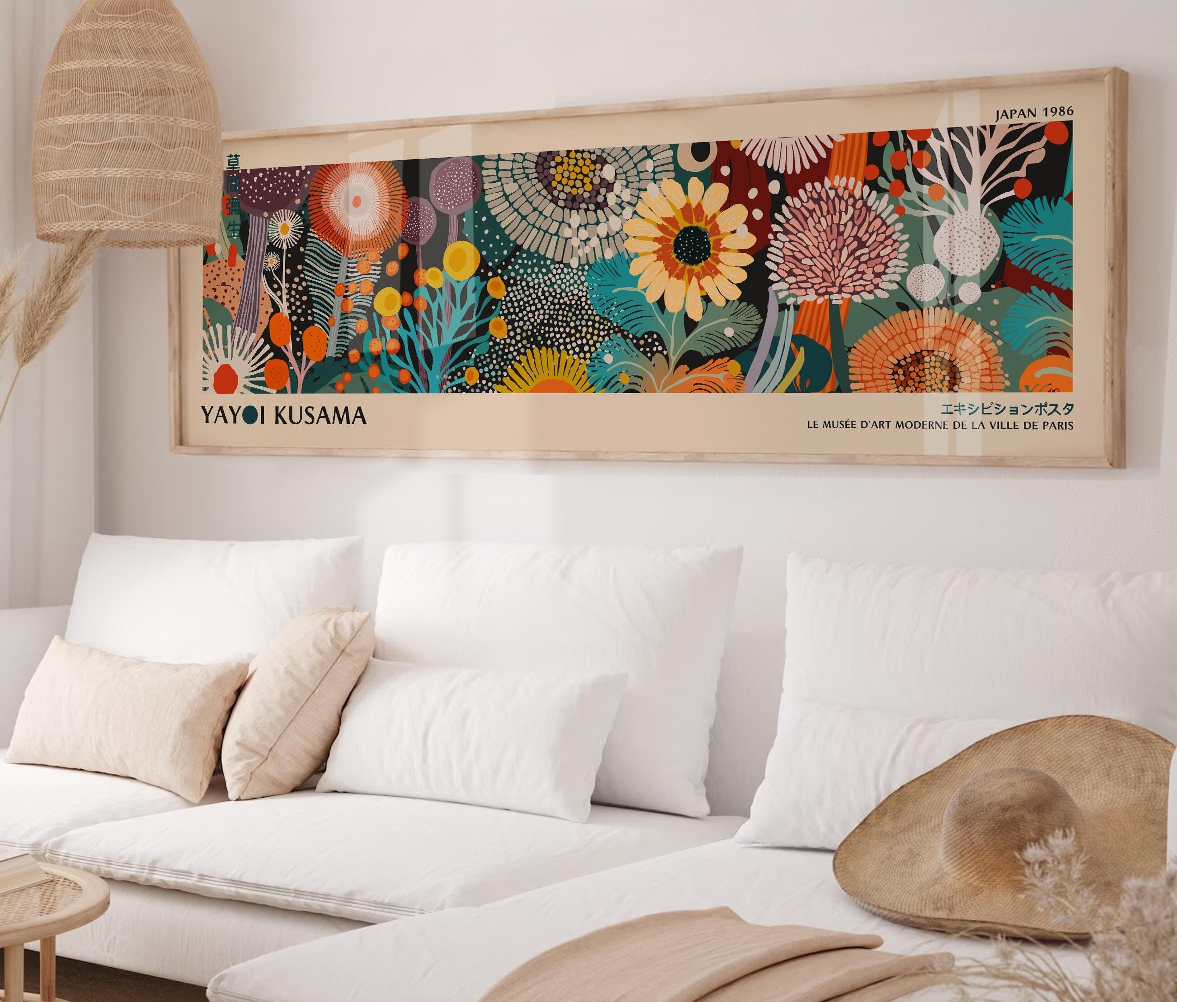 Japandi Yayoi Kusama Poster: Panorama-Wandbild, extra großer Kunstdruck auf Leinwand, Blumenbild für über Sofa oder Bett (50x150cm/Innenrahmen)