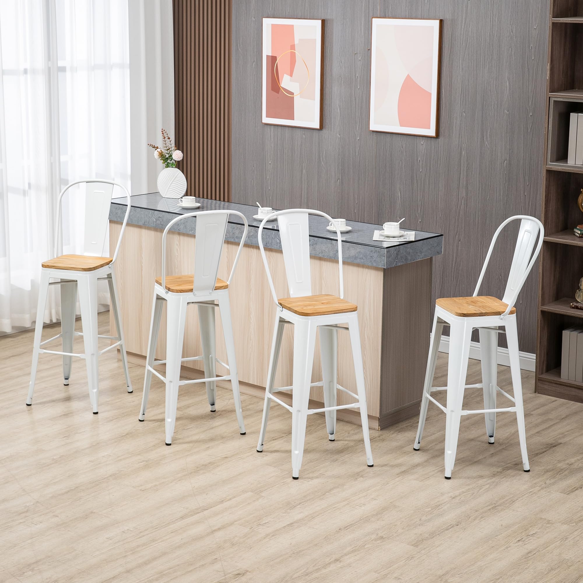 HOMCOM Tabourets de Bar Empilables avec Dossier Lot de 4 76 cm Blanc