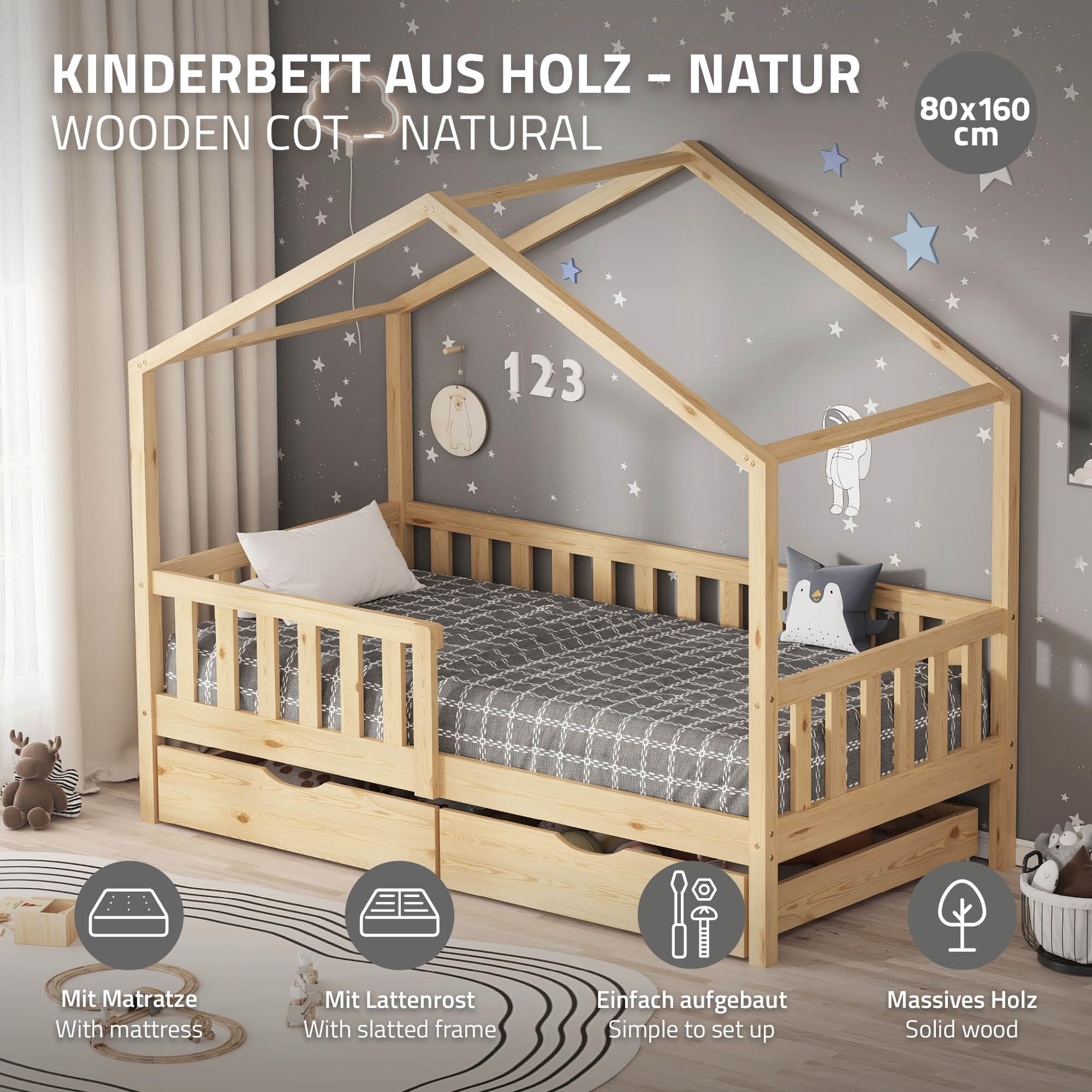 ML-Design Cama Infantil Casa 80x160 cm Madera Maciza Natural de Pino con Colchón, Casita Estilo Montessori con 2 Cajones, Somier de Láminas, Techo y Protección Anticaída, Cuna Baja de Suelo para Niños