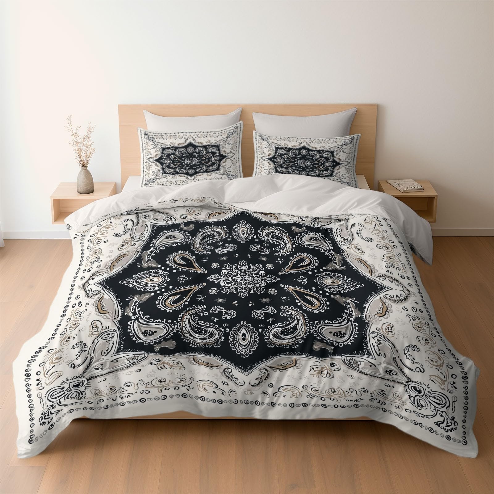 Parure de lit gothique blanche 220x240cm au motif paisley chic en tissu microfibre brossée