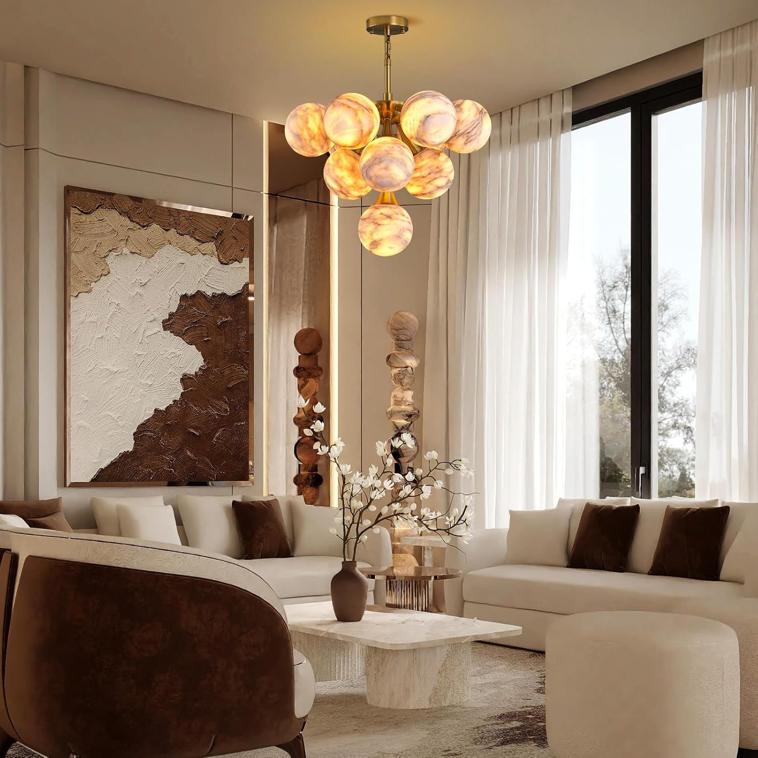 Modern 10-Light Chandelier, Gold Alabaster Globe Pendant Light, Adjustable for Sloped Ceiling, for Living Room,Dining Room,Foyer Lobby,Entryway,Hallway, Dimmable Farmhouse Chandelier D22 in