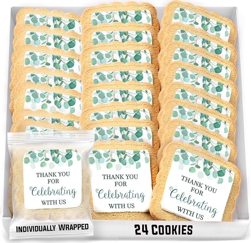 Gracias por celebrar con nosotros | Galletas de recuerdo de fiesta para invitados Boda Bautismo Bebé Despedida de soltera Compromiso Favores de fiesta temáticos verdes envueltos individualmente Paquete de 24 golosinas de galletas de azúcar para eventos a granel