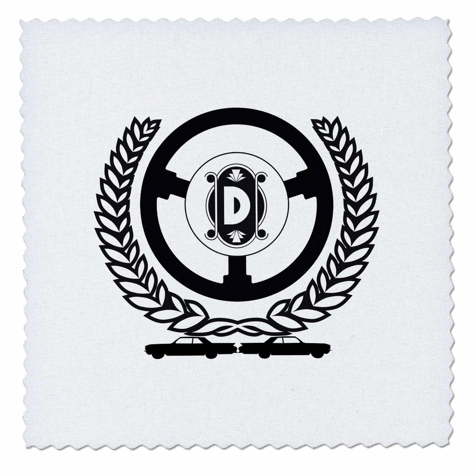 14x14 inch Quilt Square - Laurel Wreath, Steering Wheel, Two Cars. Charming Letter D Alexis Design - Monogram Auto Car