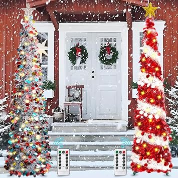 HISFFOG 2 PCS 5FT Pop Up Christmas Tinsel Tree with 8 Rmote Lights Modes Red & White & Siver