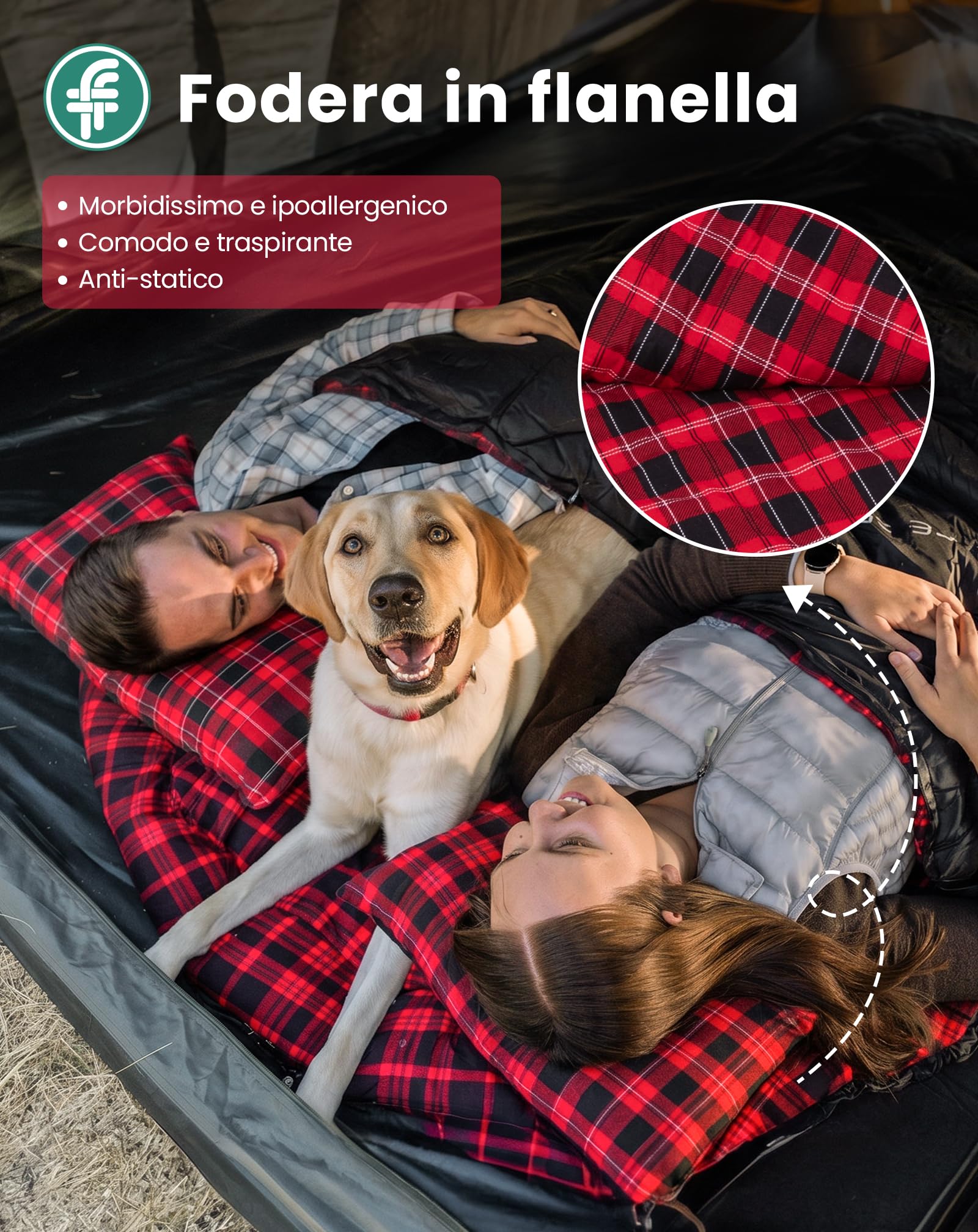 KingCamp Sacco a pelo doppio in flanella di cotone per 2 persone - Caldo invernale, 3-4 stagioni, con 2 cuscini - Ideale per camping, viaggi e attività outdoor