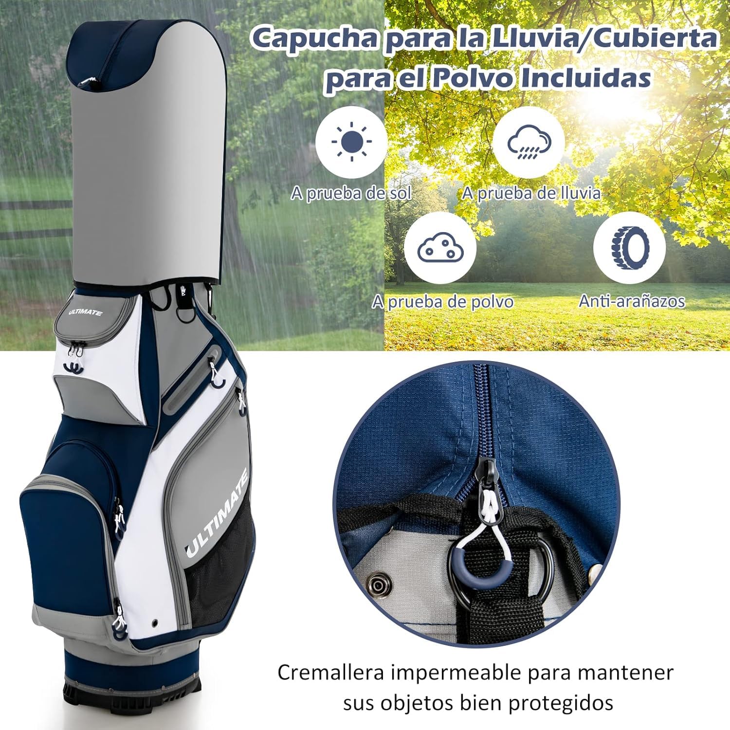 GOPLUS Bolsa de Golf con 14 Compartimentos Superiores, Bolsa para Palos Ligera con 7 Bolsillos con Cremallera, Capucha para Lluvia, Soporte de Golf Portátil con Asa y Correa para Adultos Unisex