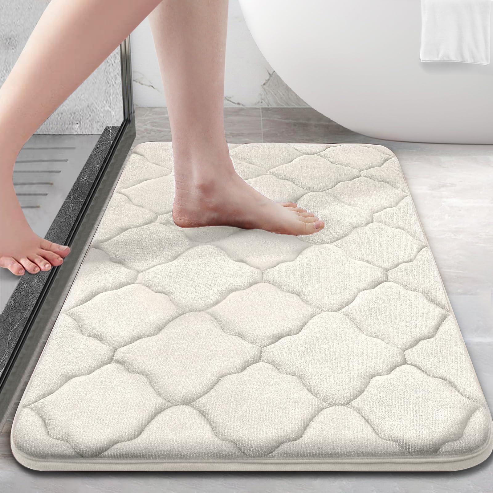 OLANLY Memory Foam Bath Mat Rug 30x20, Soft and Absorbent Bathroom Rugs, Non-Slip, Comfortable, Machine Washable Bath Carpet for Bathroom Floor, Tub, Shower and Home Decor Accessories, Ivory