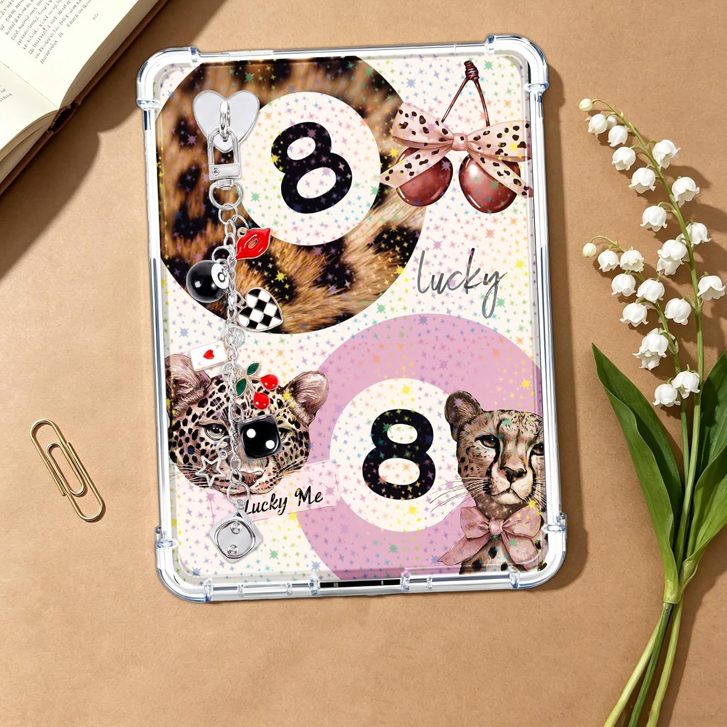 Rngmsi Insert Cardstock Charm for Kindle - 12Pcs Retro Cherry Leopard Print Cardstock Inserts Compatible with Kindle, Aesthetic Stickers Chain Charm with Hook Decorating Accessories for E-Reader