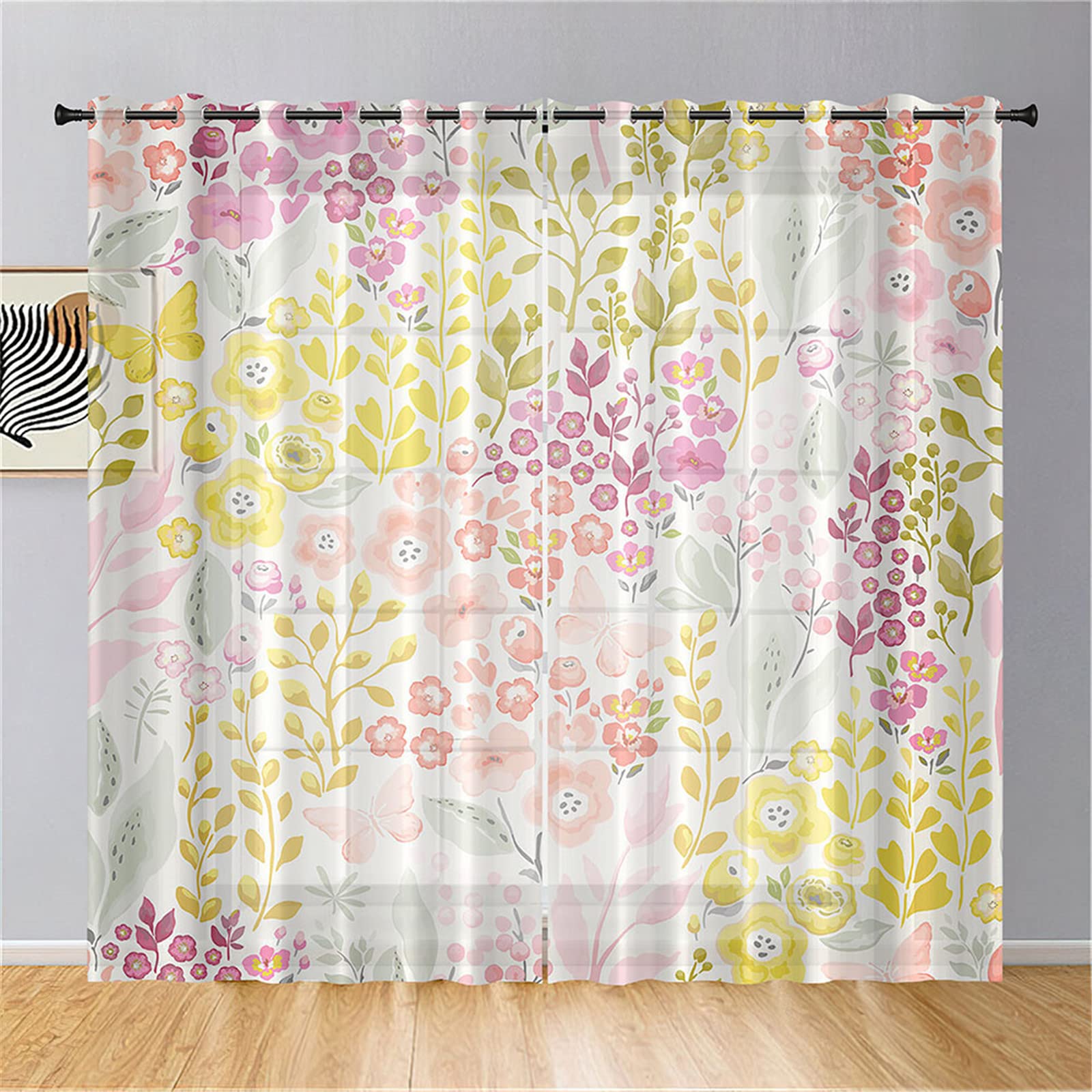 Rideaux coulissants en voilage paysage floral rose de salon 140x244