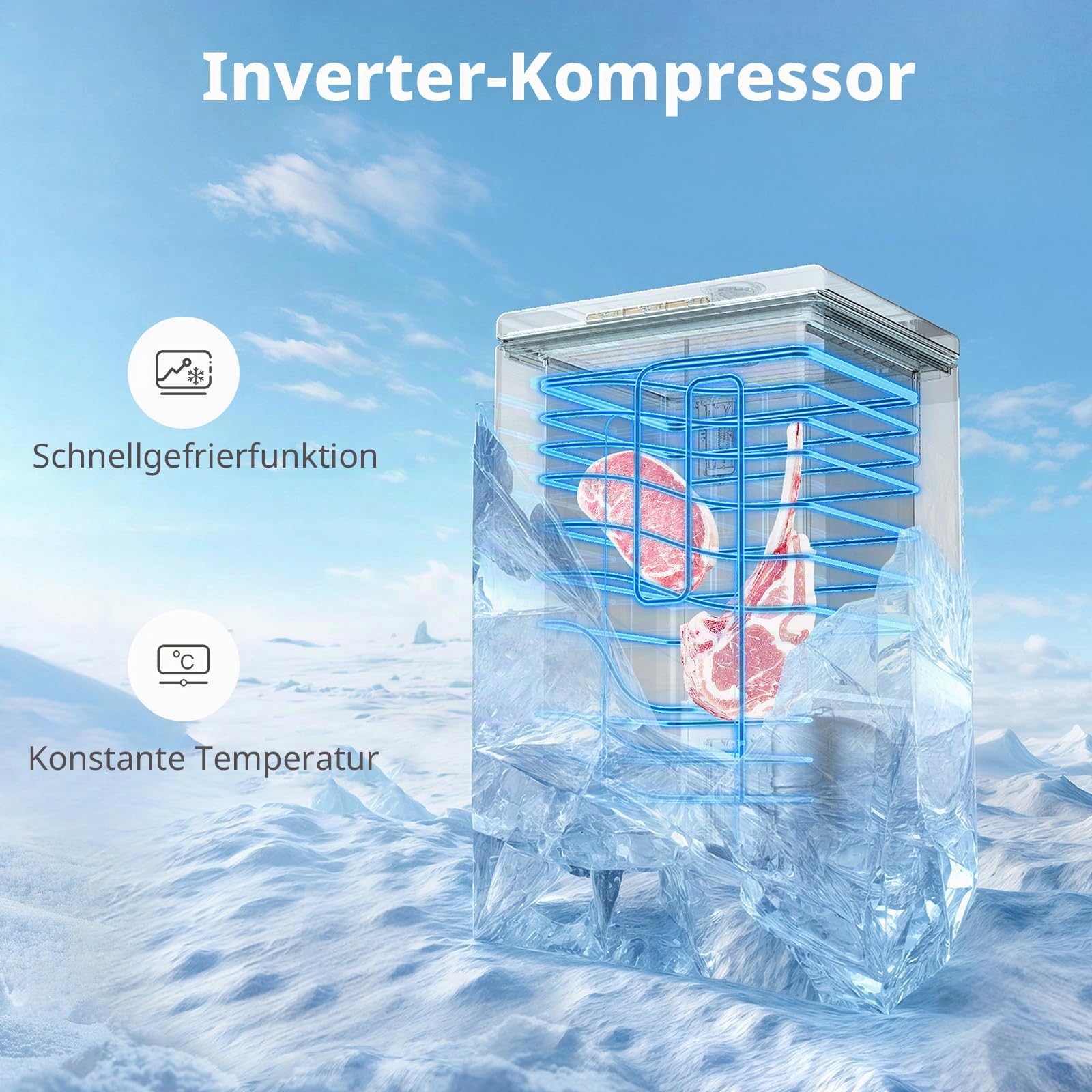 Comfee 198L Gefriertruhe, leise 37 dB, 4-Sterne-Gefrieren, Kühl-/Gefrier-Konvertierung (1–10°C / -24––12°C), 24‑h‑Schnellgefrierung 9kg, Energiesparender Inverter-Kompressor, Aluminium-Innenraum