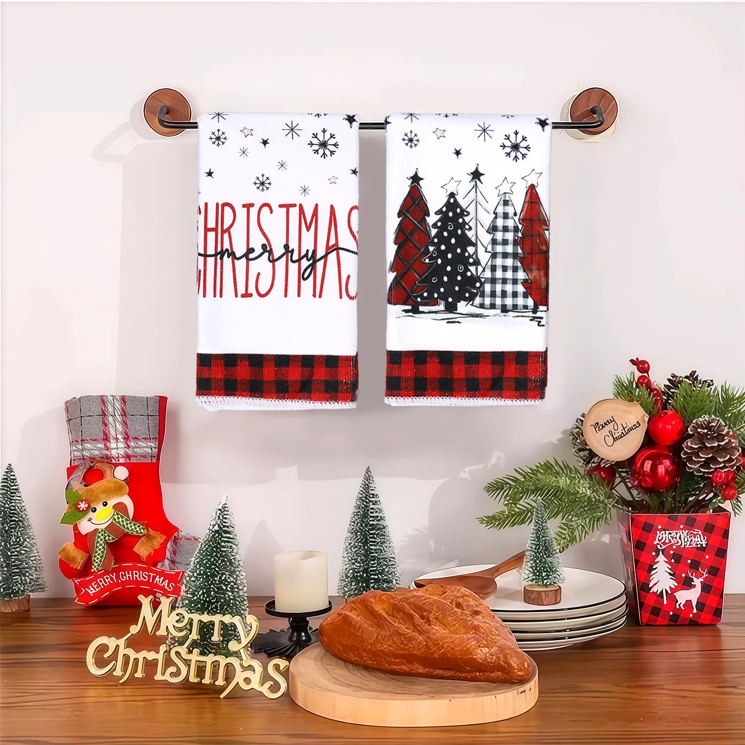 Lot De 4 Torchons De Cuisine Noël - Motifs élans, Sapins, Flocons (rouge Et Blanc)
