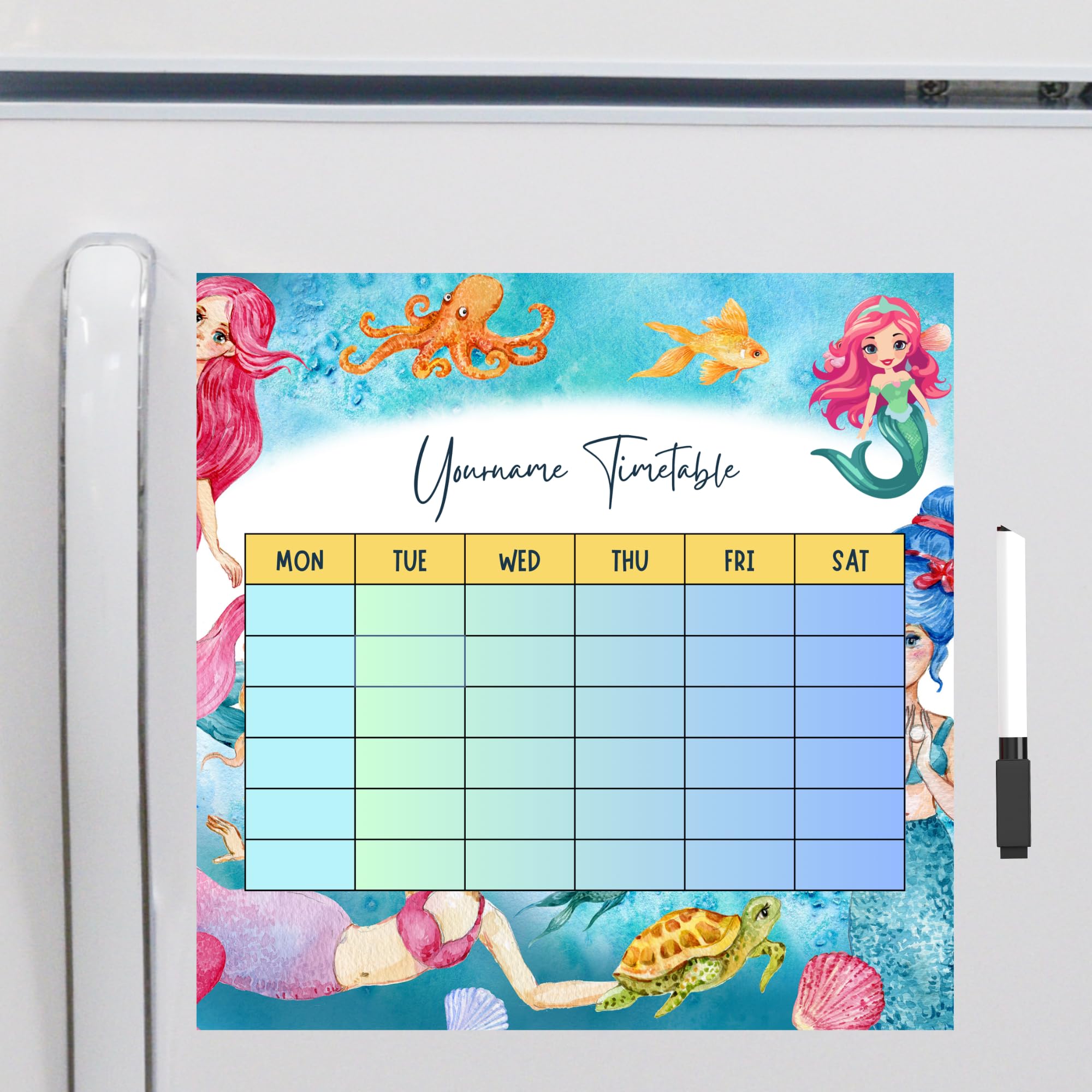 Yellow Nuts School Timetable Kids Personalized Magnetic Refrigerator Mermaid Fish Theme Weekely Planner Organiser Chart Sheet with Magnet Marker-image-43