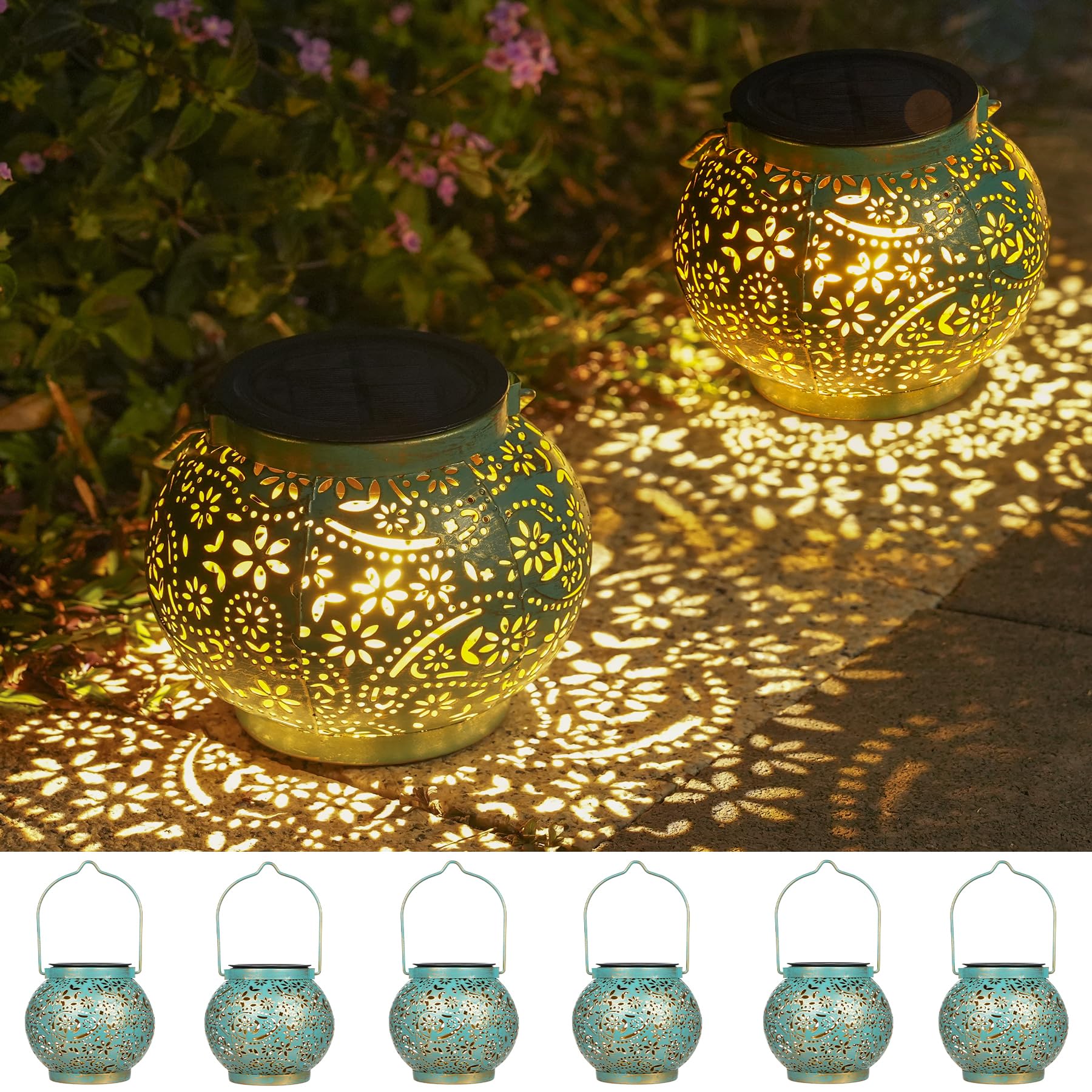 Solar Laternen Outdoor 6 Stück, Orientalische Solarlaterne für Außen Hängend Vintage, Solarlampen für Außen Terrasse Hof Rasen Vorgarten Veranda, Gartengeschenke für Frauen Mütter & Großmütter(Türkis)