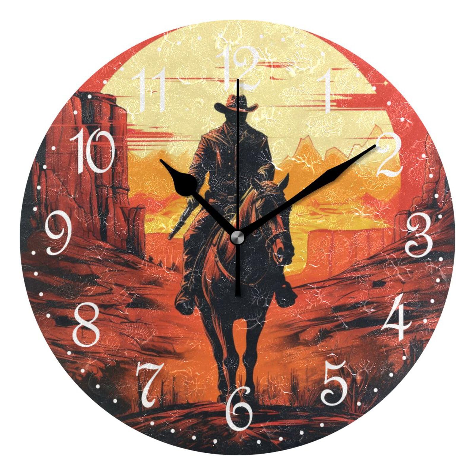 Mnsruu Wall Clock Sunset Cowboy, Silent Non-Ticking Decorative Wall Clocks Battery Operated 25x25cm