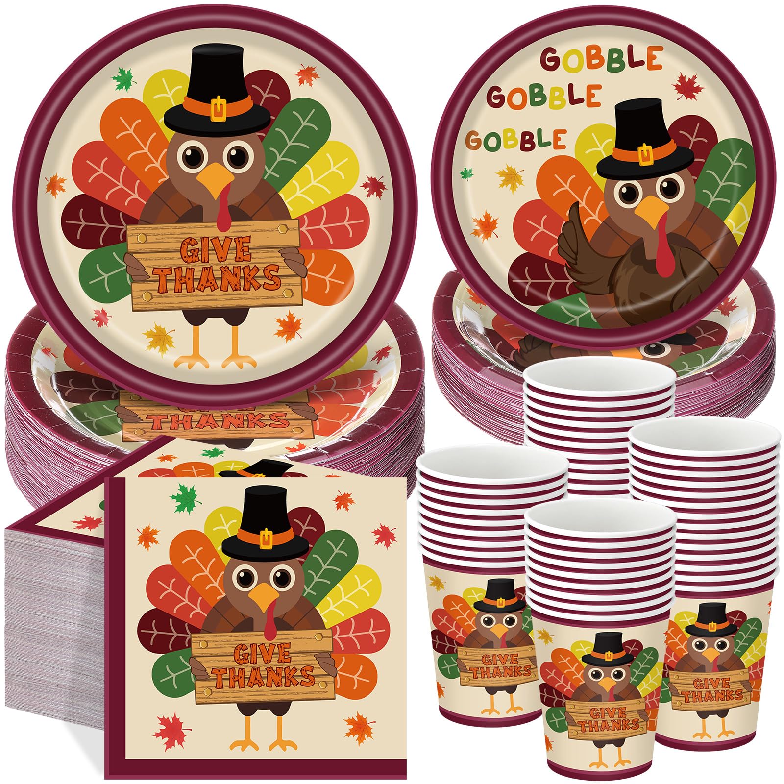 Pickmesh 250 Pcs Turkey Thanksgiving Party Decorations Autumn Harvest Paper Plates Napkins and Cups Give Thanks Disposable Tableware Set for Fall Thanksgiving Friendsgiving Party Supplies Serve 50