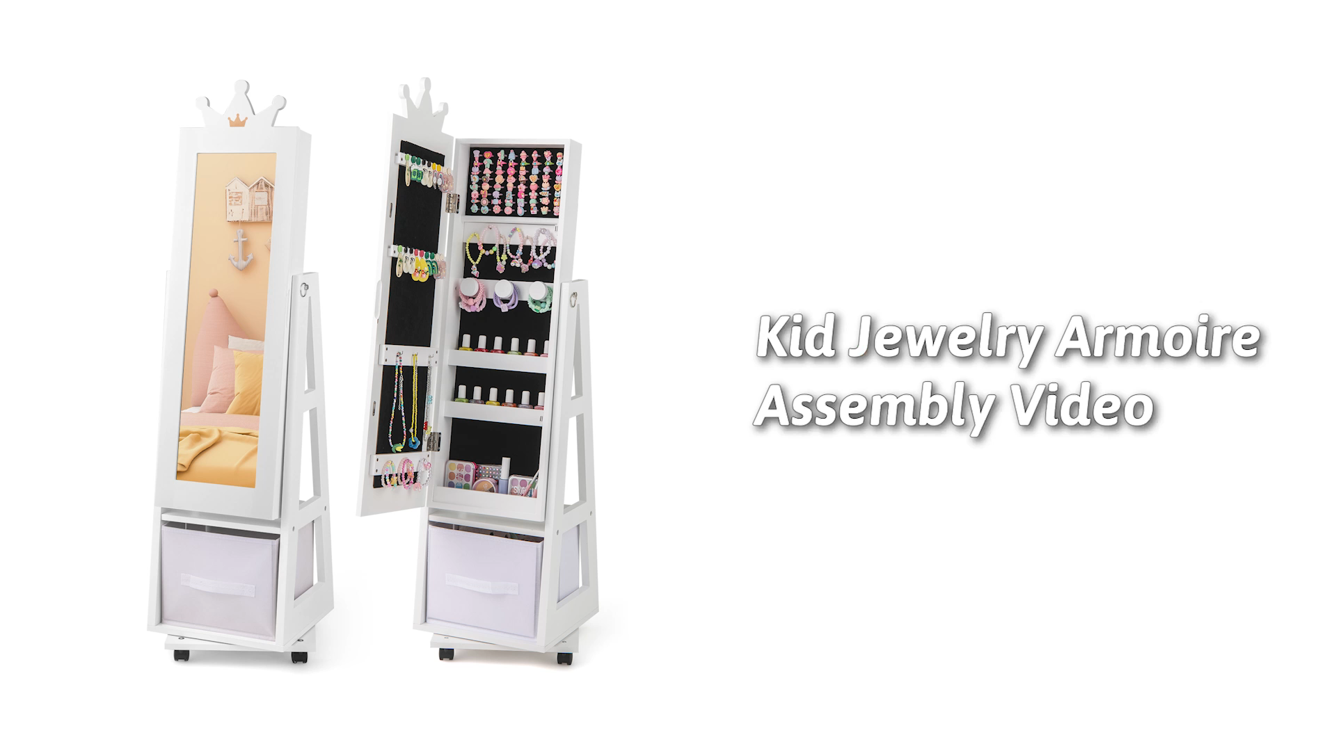 Costzon Kids Jewelry Armoire With Mirror - 43.5" Standing Organizer With Drawers, White - View #2