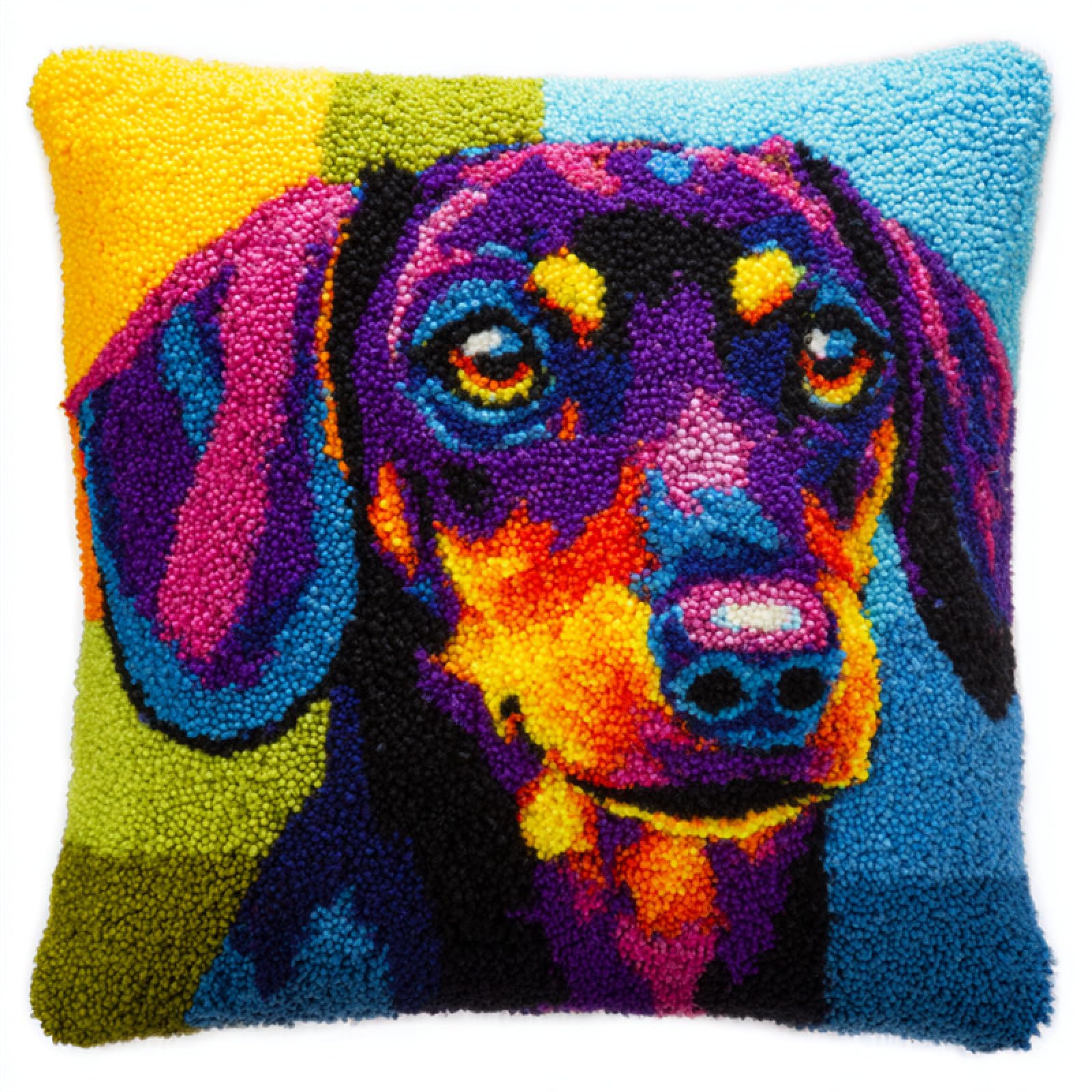 Axiangzik 004 Latch Hook Kits,Colorful Dachshund,Pillow Materials Package Cover Latch Hook Kits Cushion Embroidery Set Craft Home Decoration,17X17in