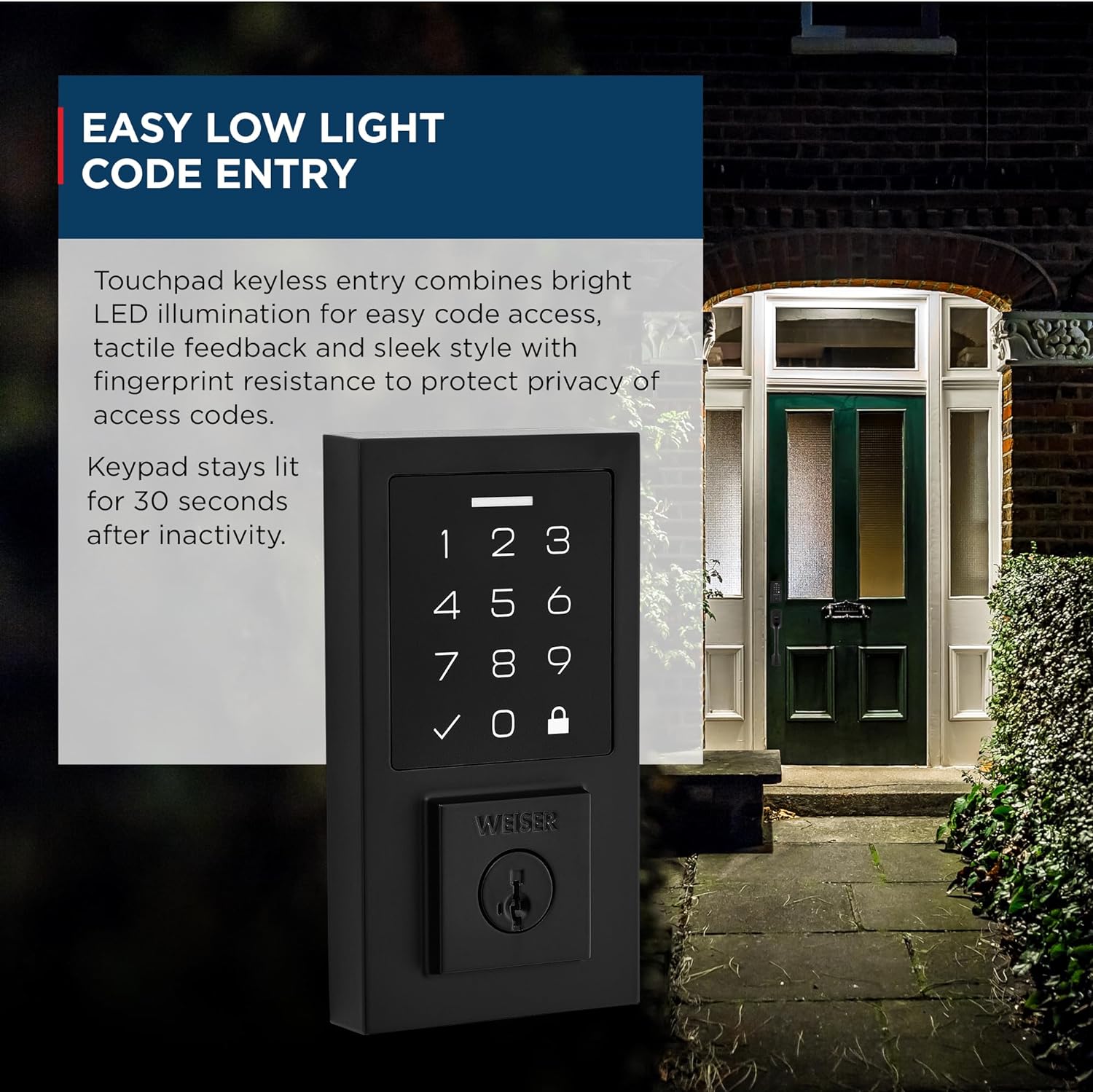 Weiser SmartCode Electronic Touchpad Deadbolt illuminated at night