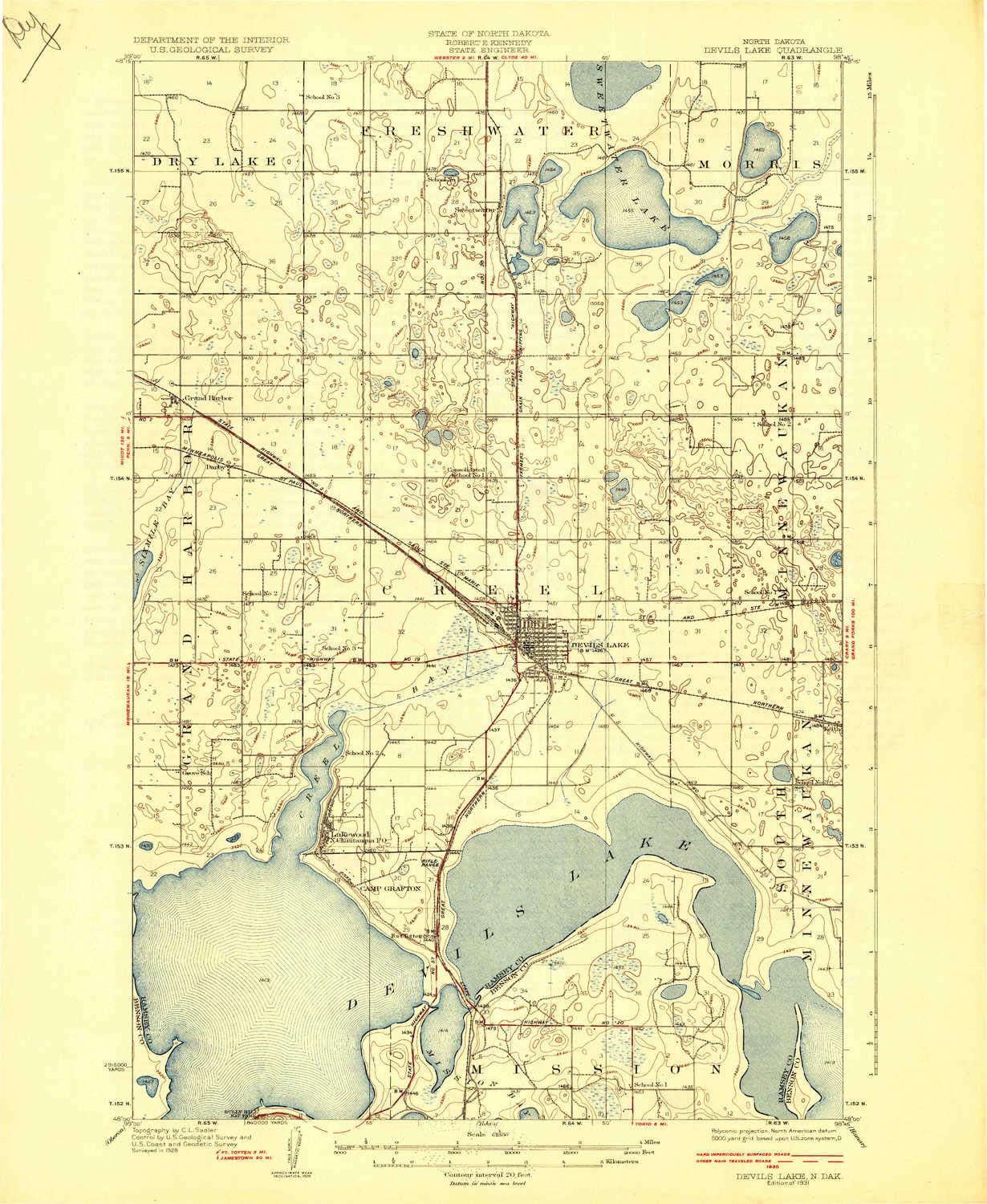 YellowMaps Devils Lake ND topo map, 1:62500 Scale, 15 X 15 Minute, Historical, 1931, 19.9 x 16.3 in - Tyvek