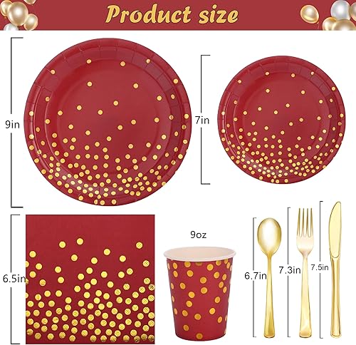 Miniatura 2 de 175 piezas de suministros de fiesta de color burdeos y oro, juegos de platos y servilletas de color burdeos para 25 invitados, platos de papel