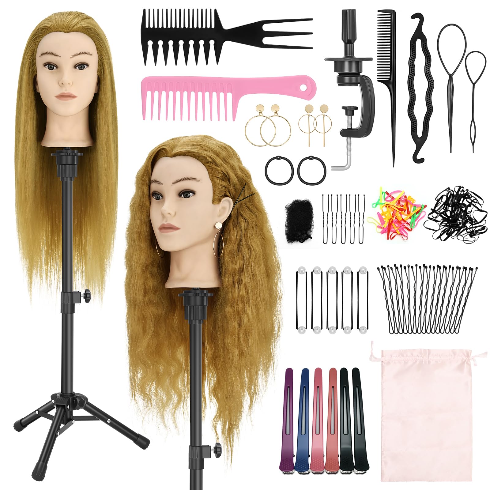 Frisierkopf Echthaar 61cm/24inch mit Stativ und Tischklemme Halter, Friseur-Werkzeug-Set