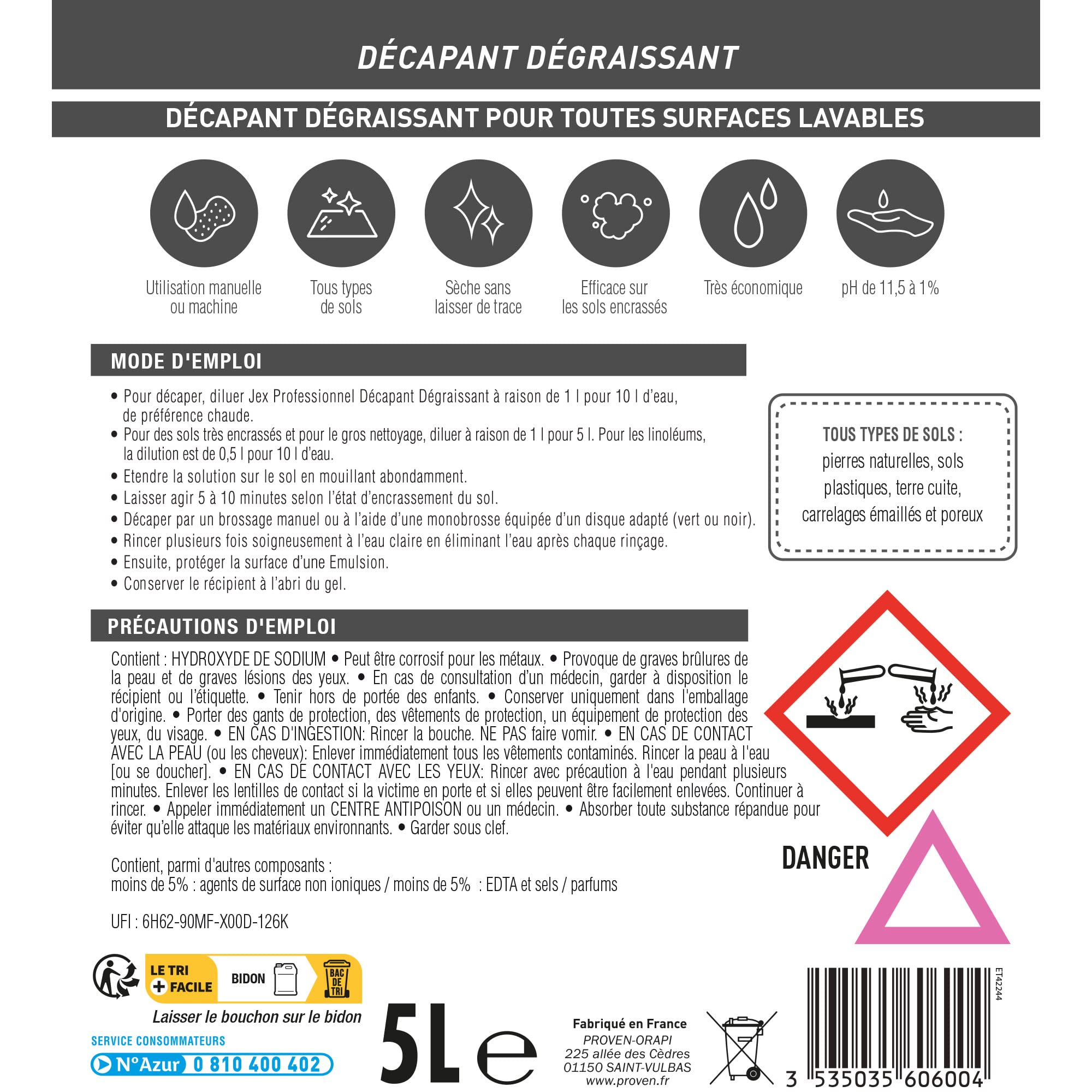 Nettoyant Sol Décapant & Dégraissant Parfum Citron-Nettoie en Profondeur en Intérieur & Extérieur -Formule Pour Lavage Manuel ou À la Machine - Fabrication Française-5 Litres-L'emballage peut varier.
