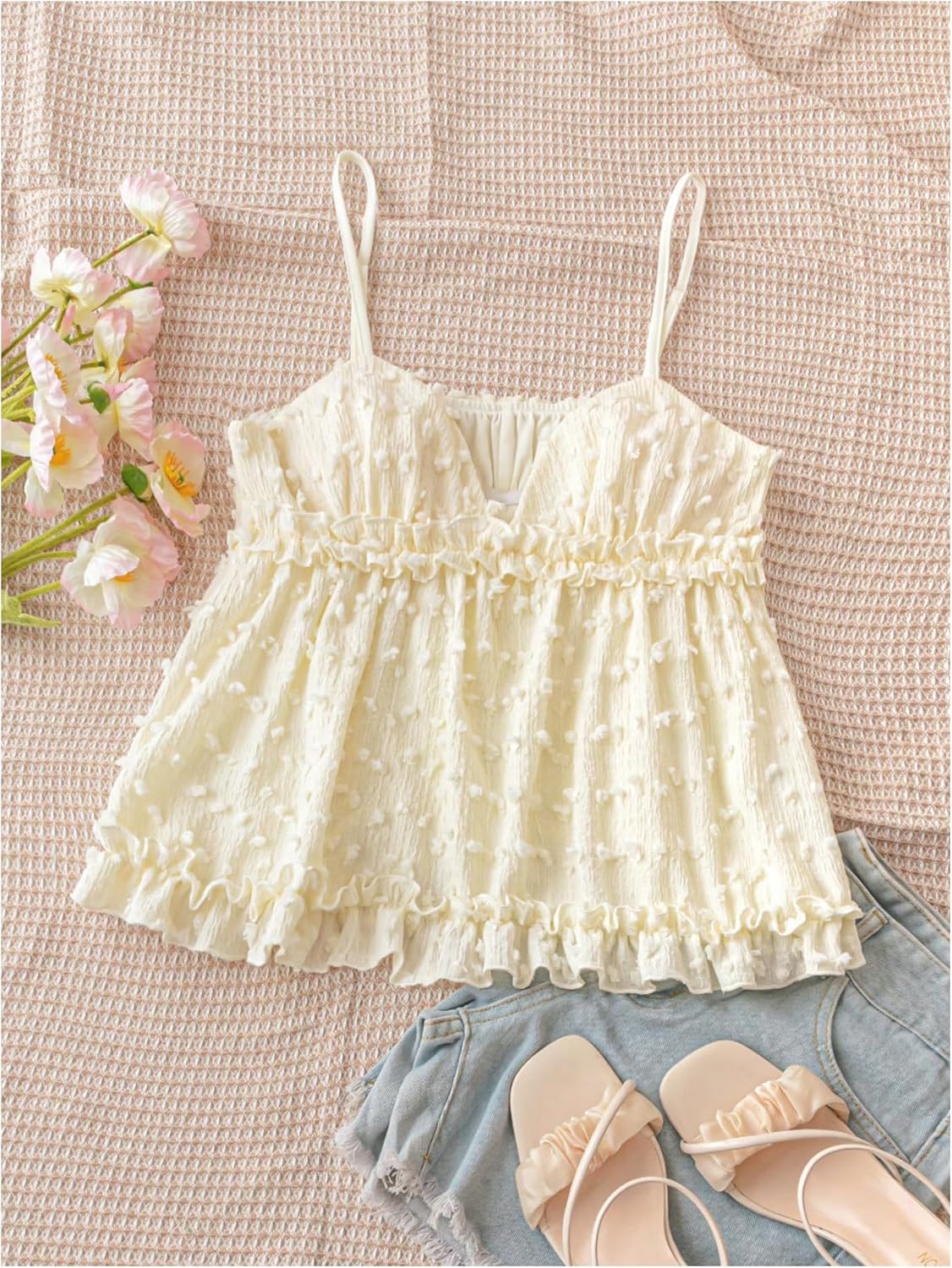 MakeMeChic Women's V Neck Spaghetti Strap Camisole Sleeveless Ruffle Hem Y2K Tank Tops - Image 6