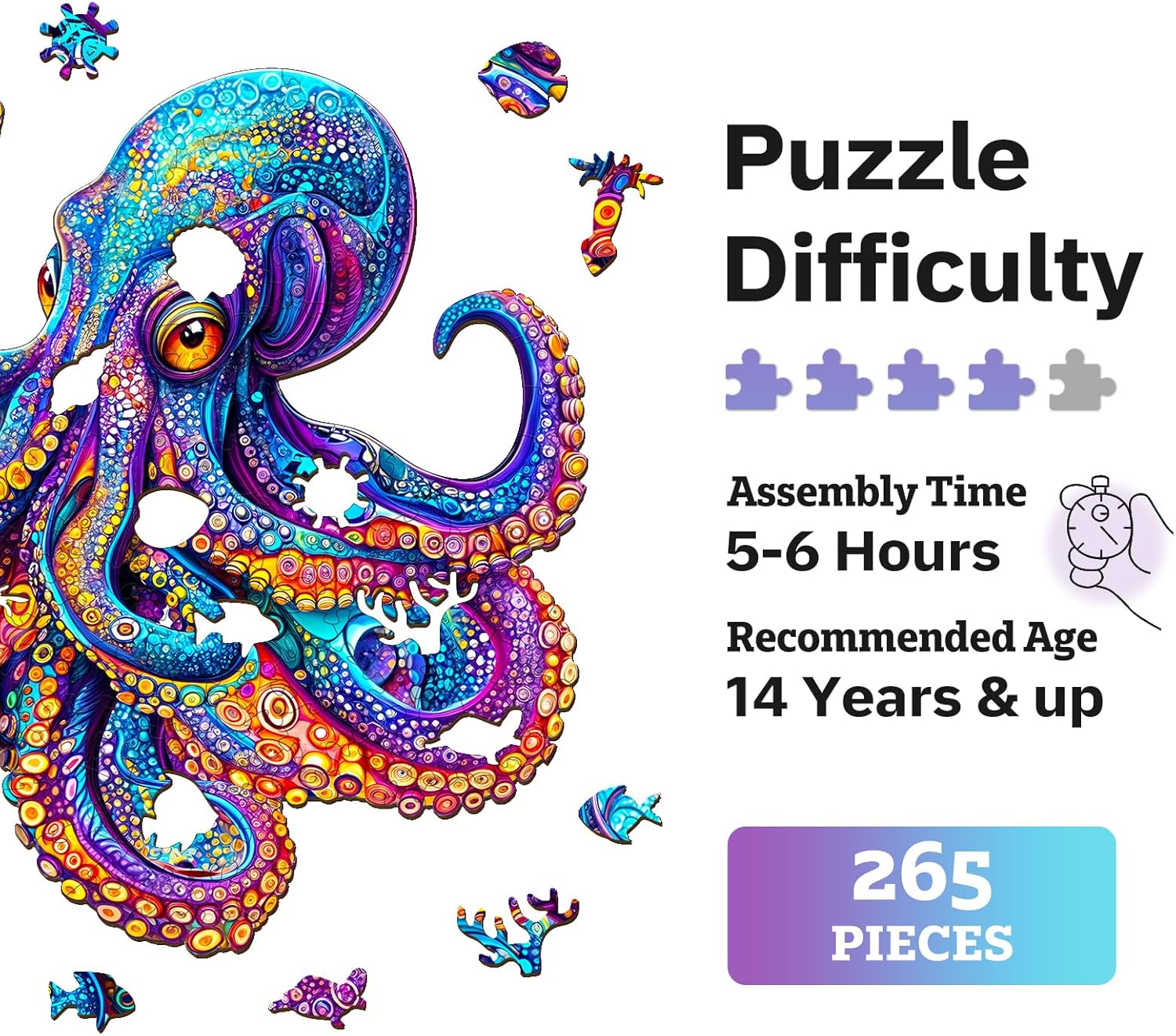 Jigfoxy Wooden Puzzles for Adults, Octopus Wooden Puzzle for Adults, Unique Animal-Shaped Wooden Jigsaw Puzzles, Christmas Thanksgiving Gifts for Family and Friends (L-13.4 * 13.3in-265pcs)