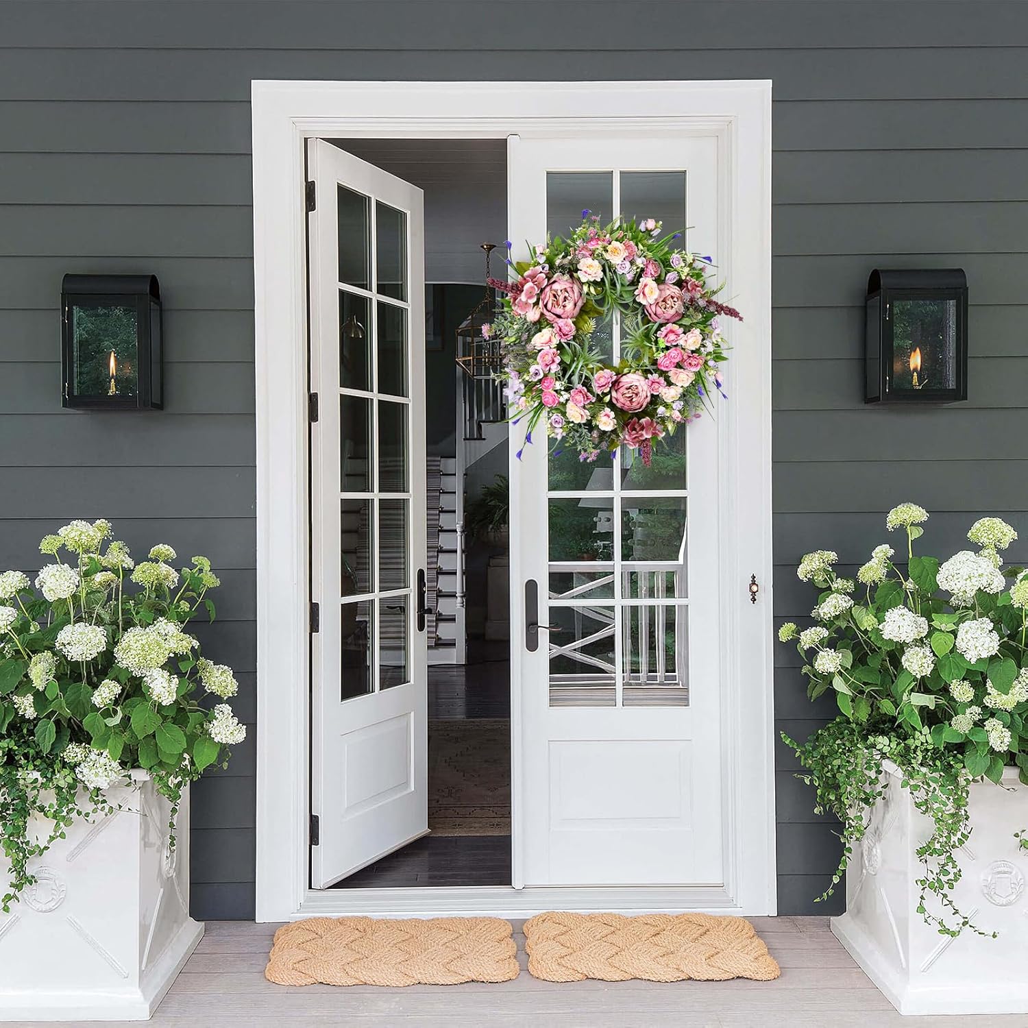 Peony Spring Summer Wreath for Front Door 20inch, TechKen Handmade Articial Blooming Peony Succulent Wreath for Indoor Outdoor Wall Window Decorations Door Wreath