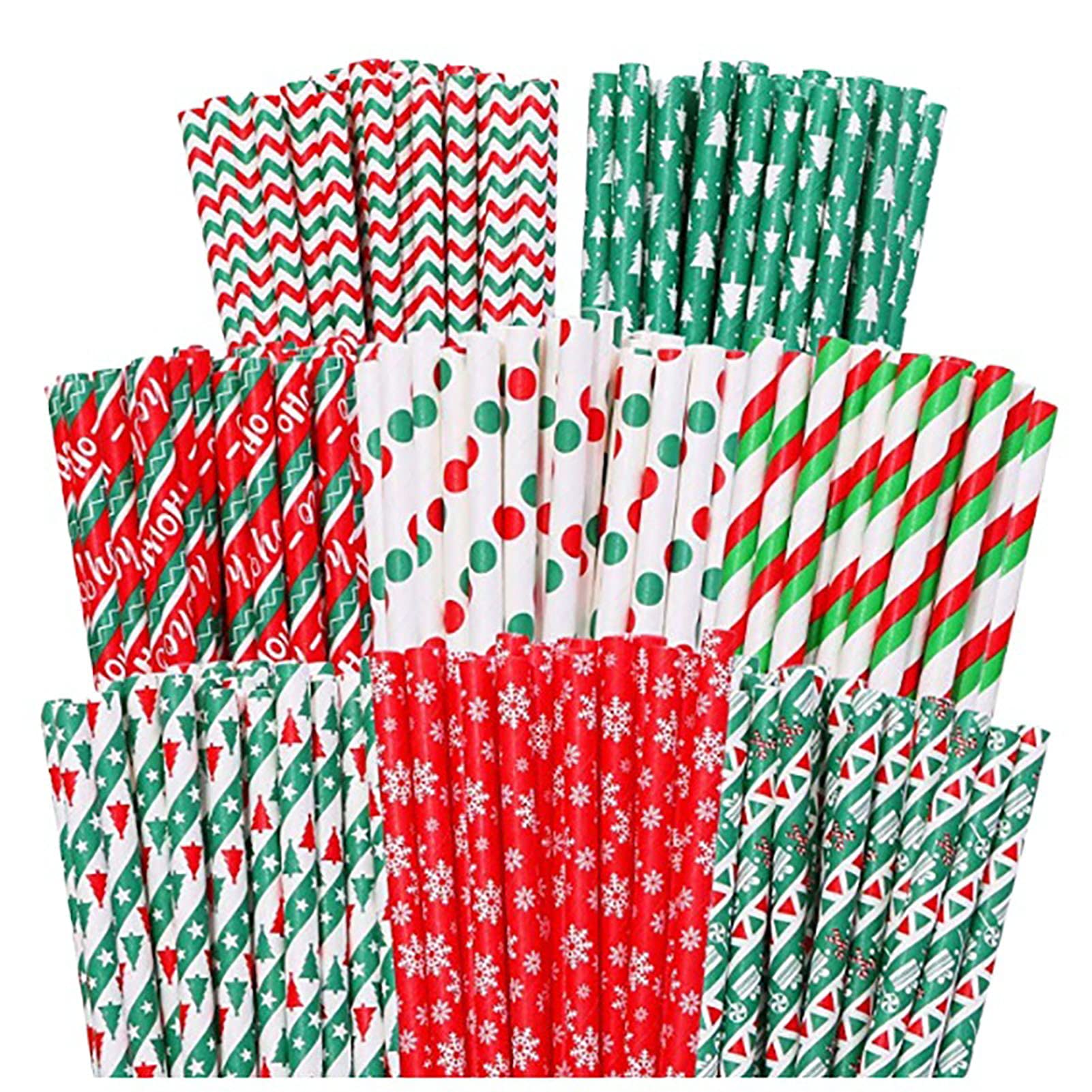 Jaydis 100 Pack Christmas Biodegradable Paper Straws 10 Styles Xmas Tree Snow Dot Stripe Drinking Straws for Thanksgiving Christmas Holiday Decoration Cake Pop Sticks