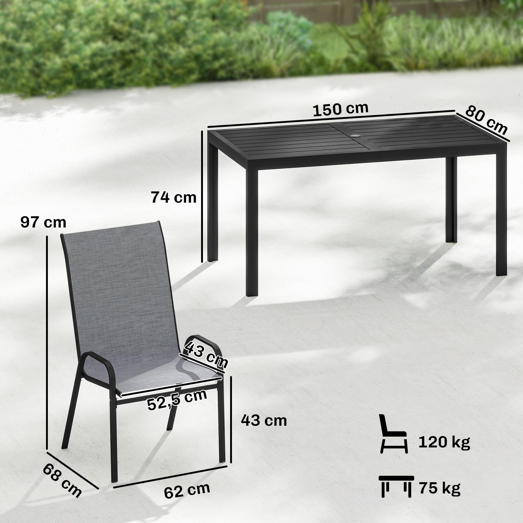 Outsunny Conjunto de Mesa y Sillas Jardín de 7 Piezas, Muebles Jardín Exterior con Mesa Metálica Efecto Madera con Agujero, 6 Sillas Apilables Transpirables, Marco de Acero Resistente, Gris Mixto