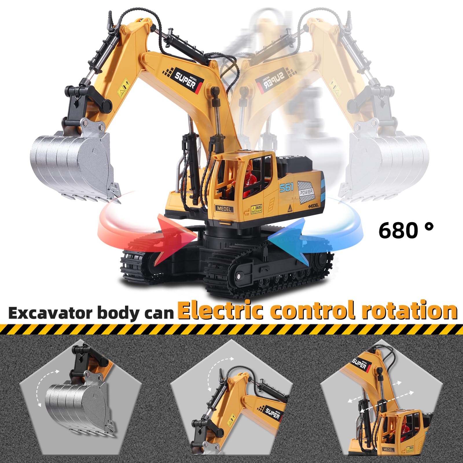 Remote Control Excavator Toys for Boys,16 Channel RC Excavator Construction Toys with Metal Shovel & Light,Simulated Smoke,Christmas Birthday Gift Toy for Boys 3-5 4-7 8-12 Year Old Kids
