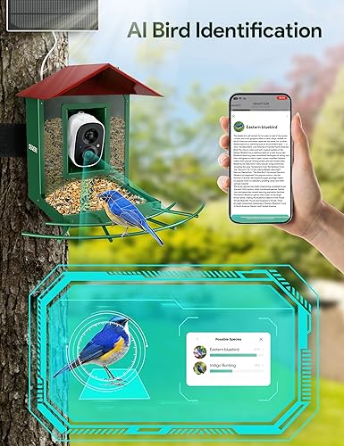 Miniatura 3 de Osoeri Comedero para pájaros con cámara, cámara inteligente para alimentador de pájaros con identificación de IA y alarmas de aves vivas, casa solar