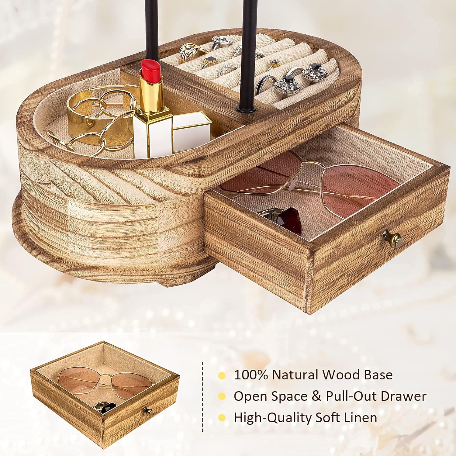 Emfogo Jewelry Organizer Tree Stand Wood Basic Jewelry Drawer Storage Box with Double Rods & 3 Tier Jewelry Holder Bracelet Organizer Necklaces Earring Ring Display(Carbonized Black) : Clothing, Shoes & Jewelry