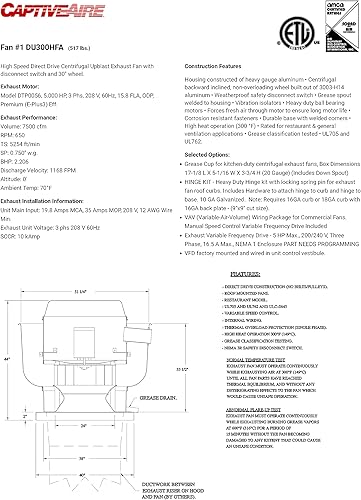 Miniatura 5 de CAPTIVE-AIRE Ventilador de escape con clasificación de grasa para restaurante - Ventilador de escape centrífugo de accionamiento directo - Base de