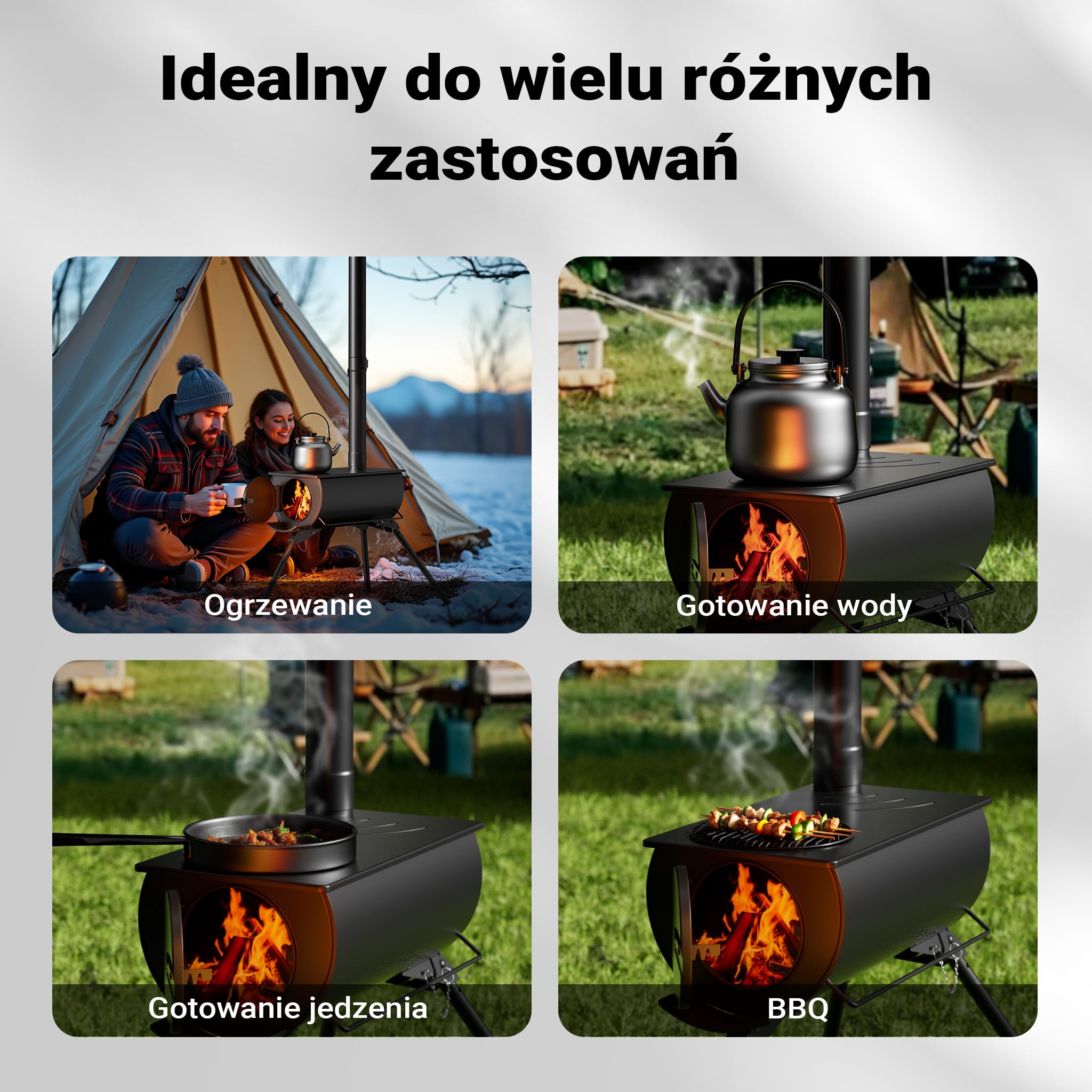Wiltec Piec do namiotu na drewno ze stali Q235, piecyk 85 x 57,5 x 238 cm z kominkiem Ø 6 cm pod namiot, wszechstronność na biwaku