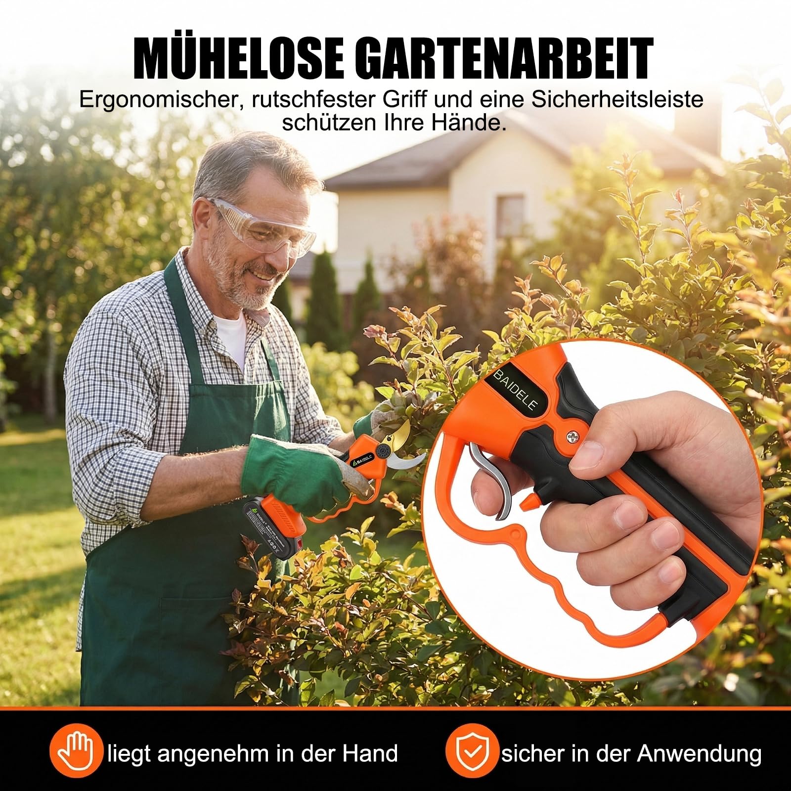 Elektrische Gartenschere 50MM, Akku Astschere mit 2 x 2,0 AH-Lithium-Akku | 8 Stunden Betriebsdauer, Ermüdungsfreier Griff, Besonders Geeignet für Harte Äste, Professionelle Elektrische Astschere