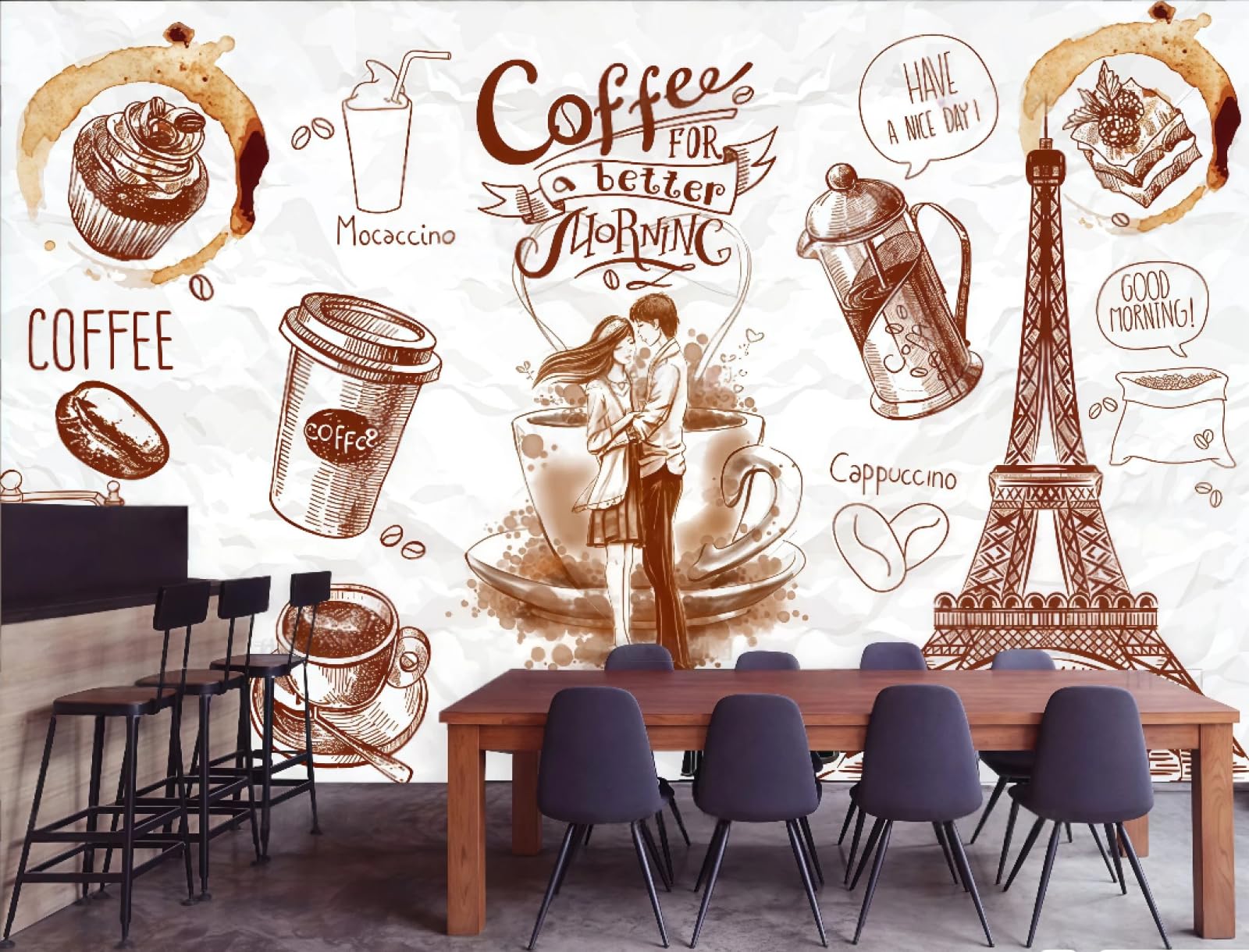 rskjdghshd Wallpaper Hand-Painted Couple Coffee Cup Letters Bread Dessert Afternoon Tea Background Wall Western Restaurant Wallpaper Cafe Mural,3D,350x245cm