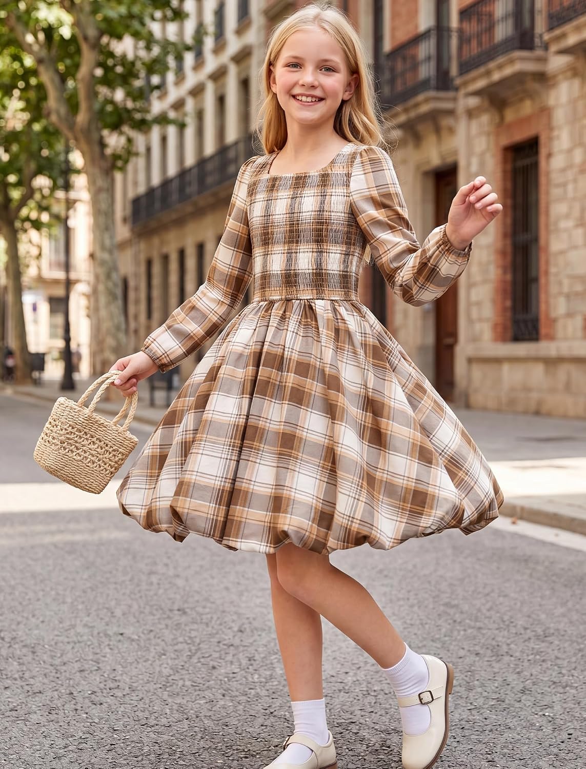 HOZIY Girls Fall Dresses Long Sleeve with Pocket Bubble Hem Smocked 6-14Y