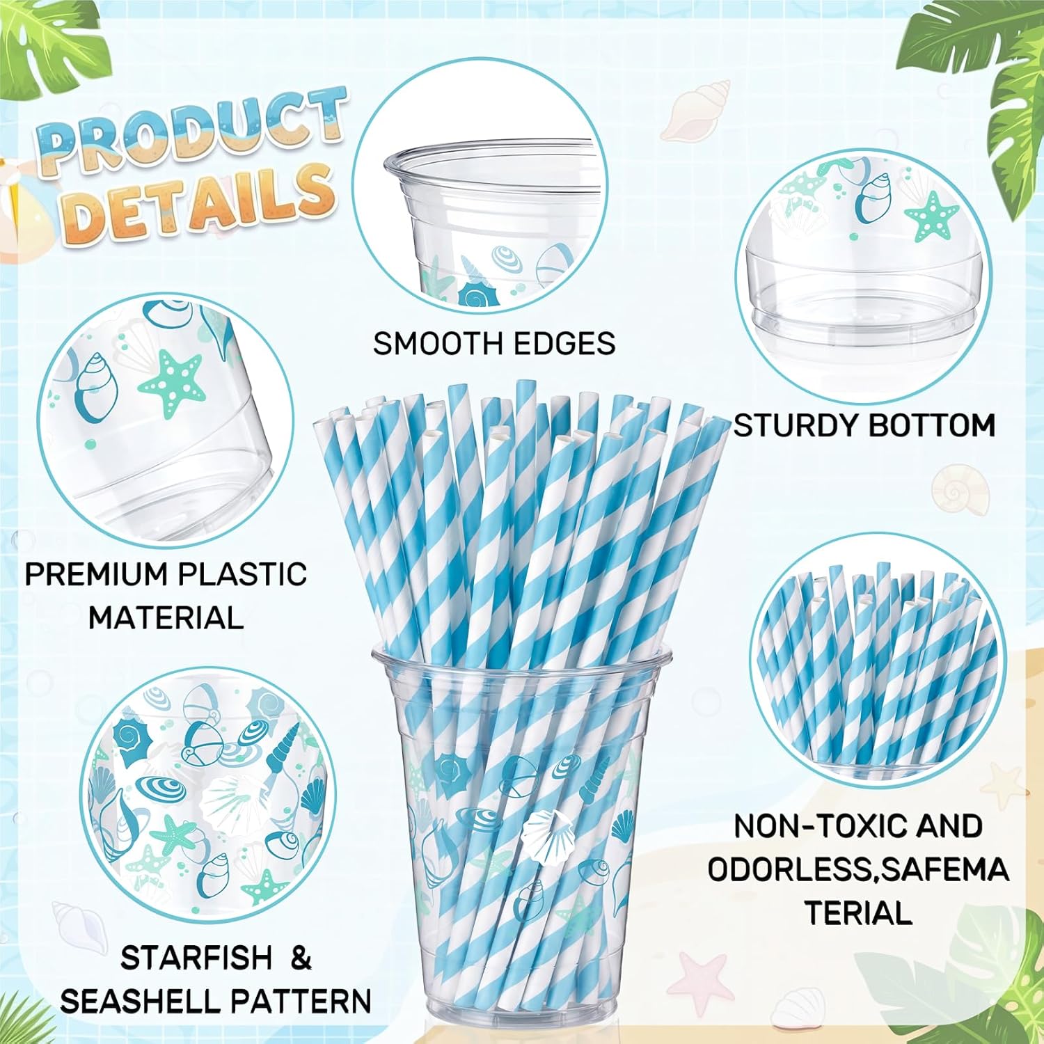Sliner 50 Sets 16oz Seashell Beach Party Plastic Cups with Lids and Straws Starfish Disposable Clear Drinking Cups for Sea Summer Ocean Pool Birthday Baby Shower Party Decoration Supplies