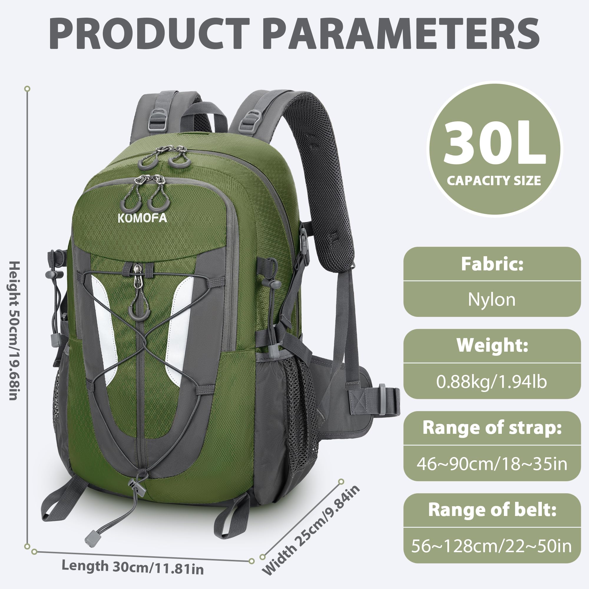Komofa Hiking Backpack 30L Lightweight Travel Daypack Small Day Pack for Men Women Outdoor Camping Backpacking, Army Green