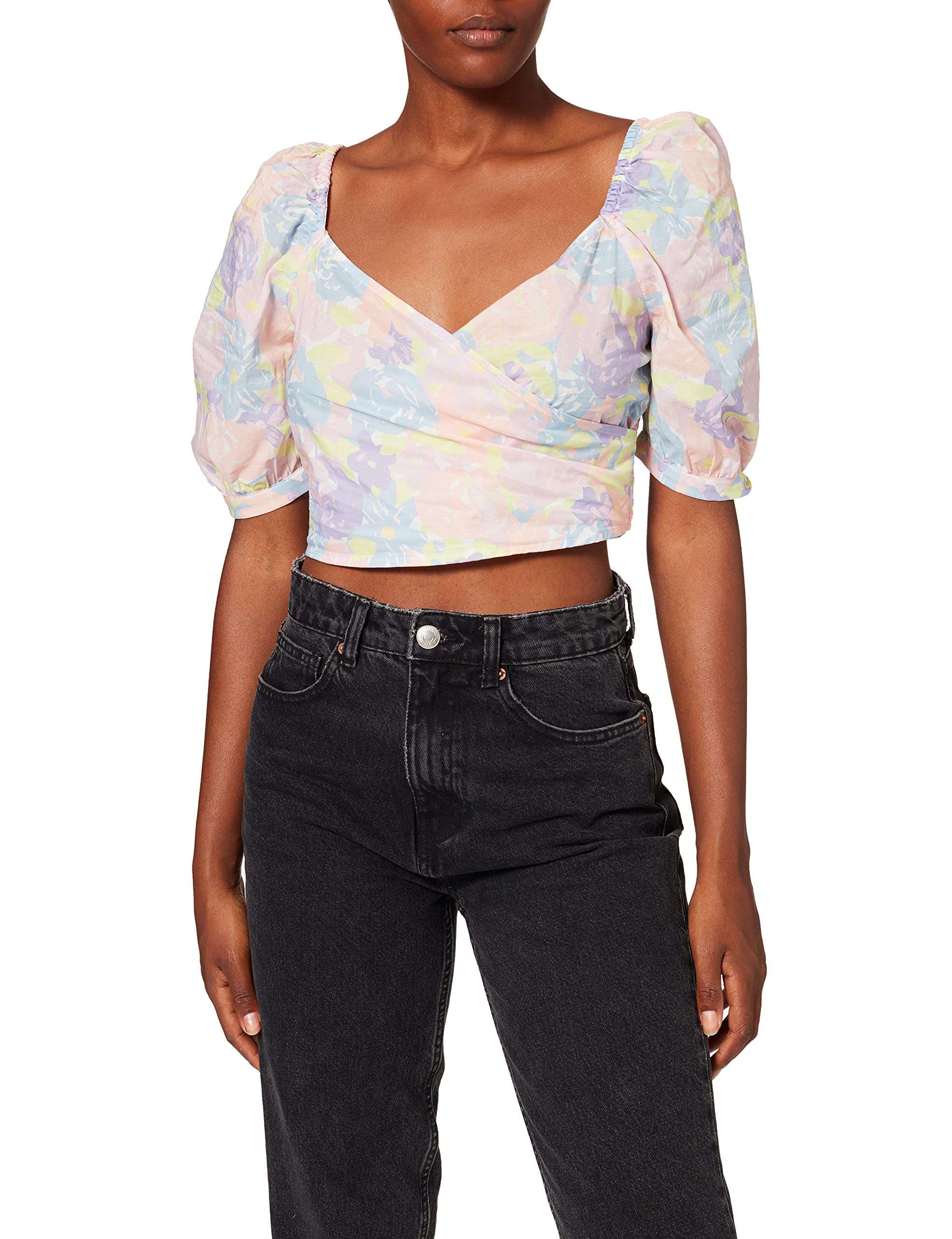 NA-KD Puff Sleeve Wrap Blouse, Flower Print, EU 38