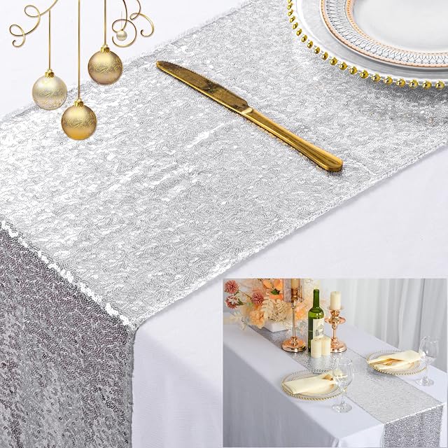 ShinyBeauty Silver Table Runner Birthday Decoration 30 x 180 cm Sparkly Silver Sequin Table Runner Party Table Cover 12 x 72 Inches Linen Table Overlay for Baby Shower