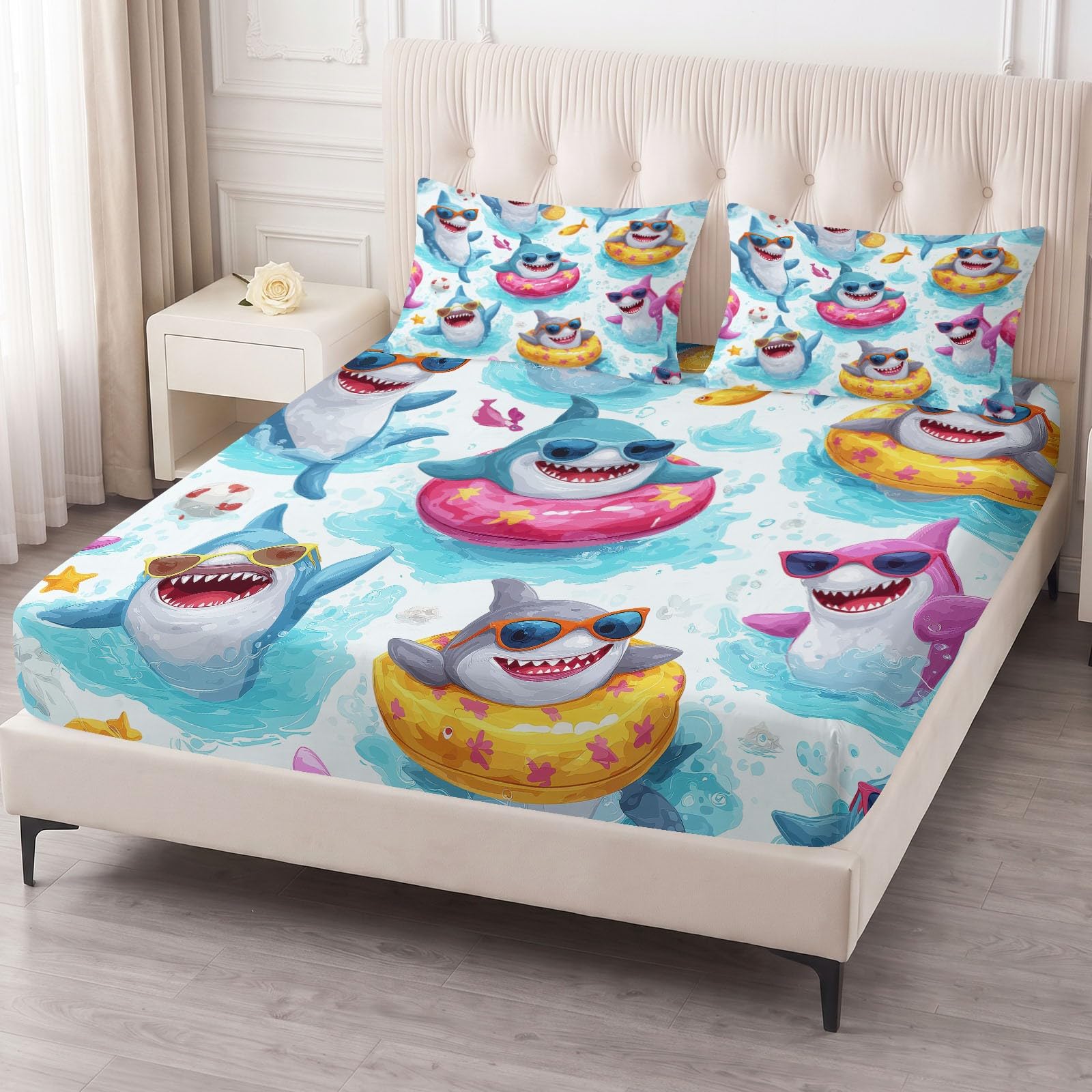 Prześcieradło z gumką z motywem kreskówki, 90 x 200 cm, miękkie, oddychające mikrowłókno – zwierzęcy, śliczny rekin, koło do pływania, prześcieradło z gumką do łóżka kontynentalnego i łóżka wodnego