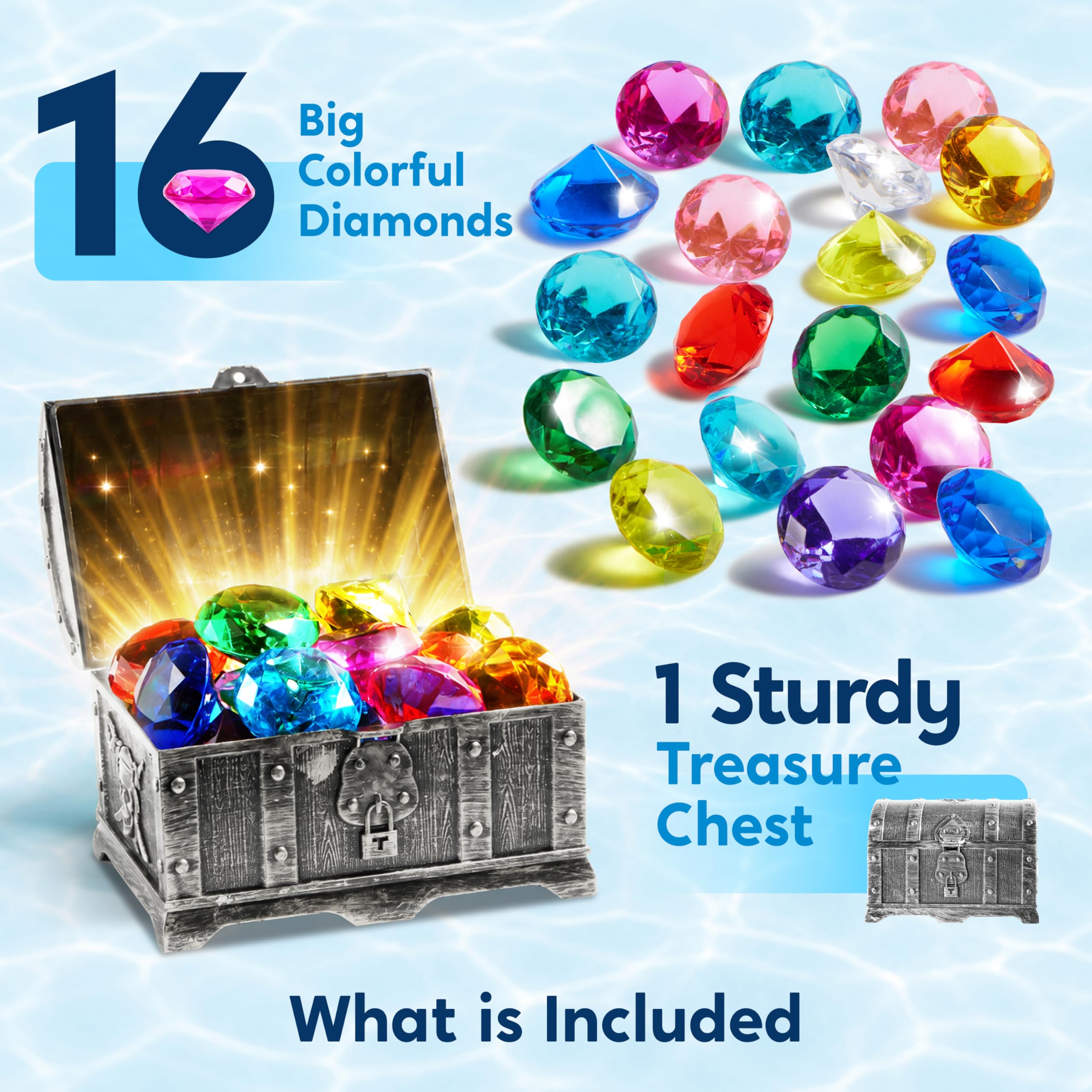 Sloosh Giocattolo da Piscina Diving Gems, 16 Grandi Diamanti Colorati con Scrigno dei Pirati, Giocattolo subacqueo per Bambini con Gemme subacquee, Regalo per l'allenamento al Nuoto